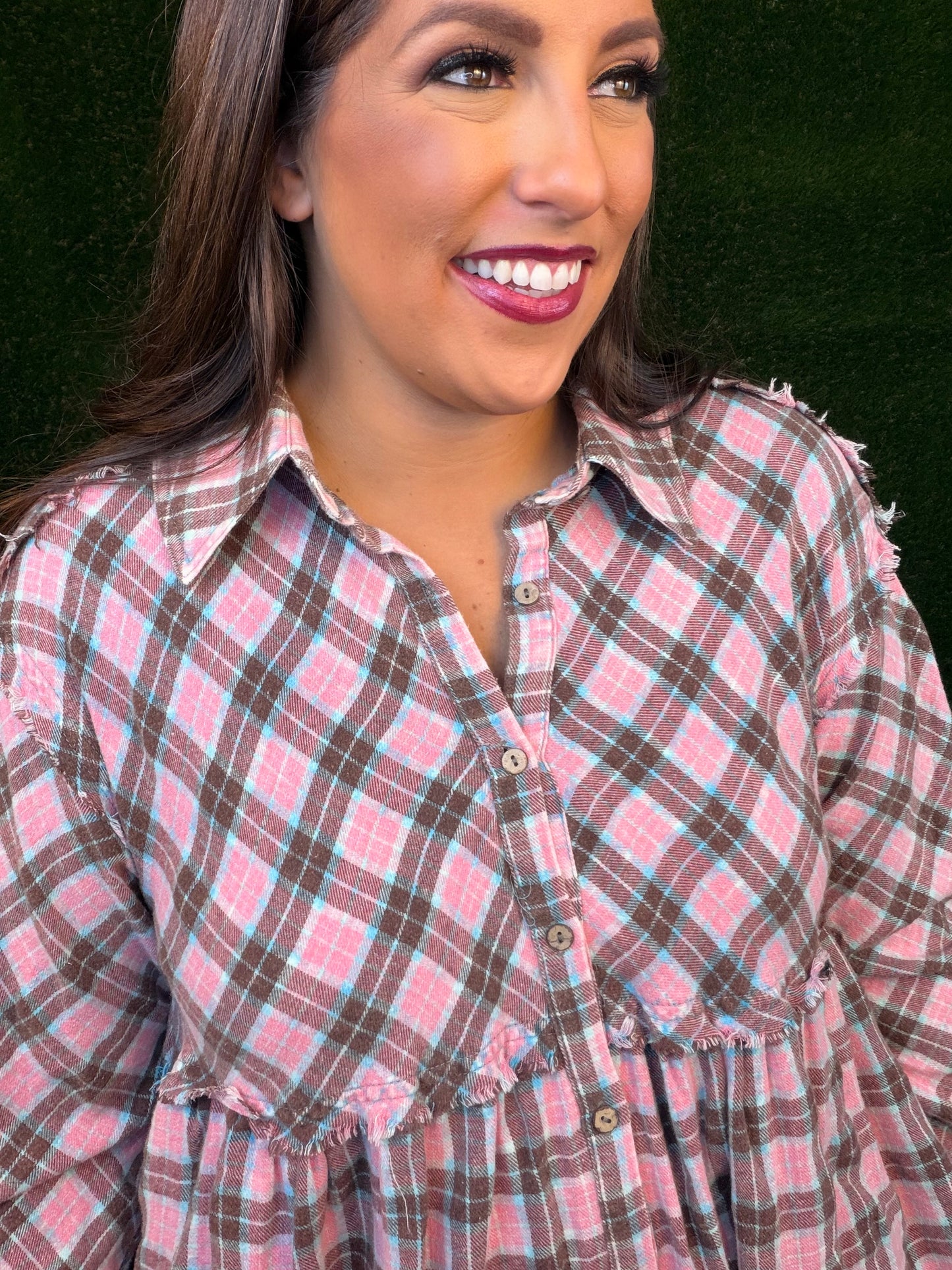 Tiered Check Plaid Dress - Pink/Light Aqua Blue