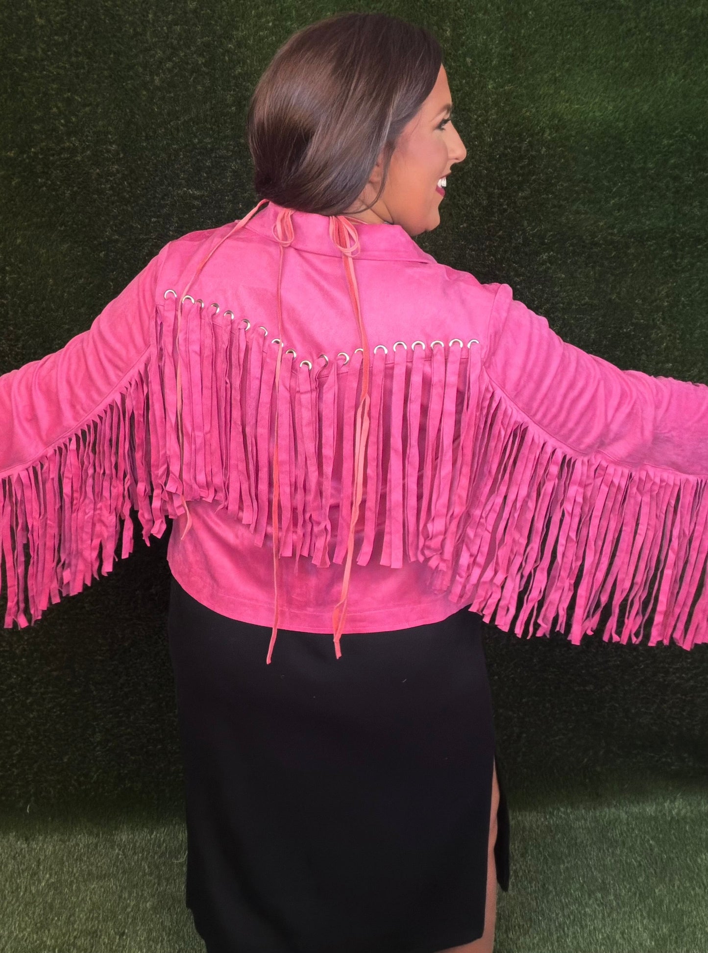 Party On Fringe Suede Jacket - Hot Pink