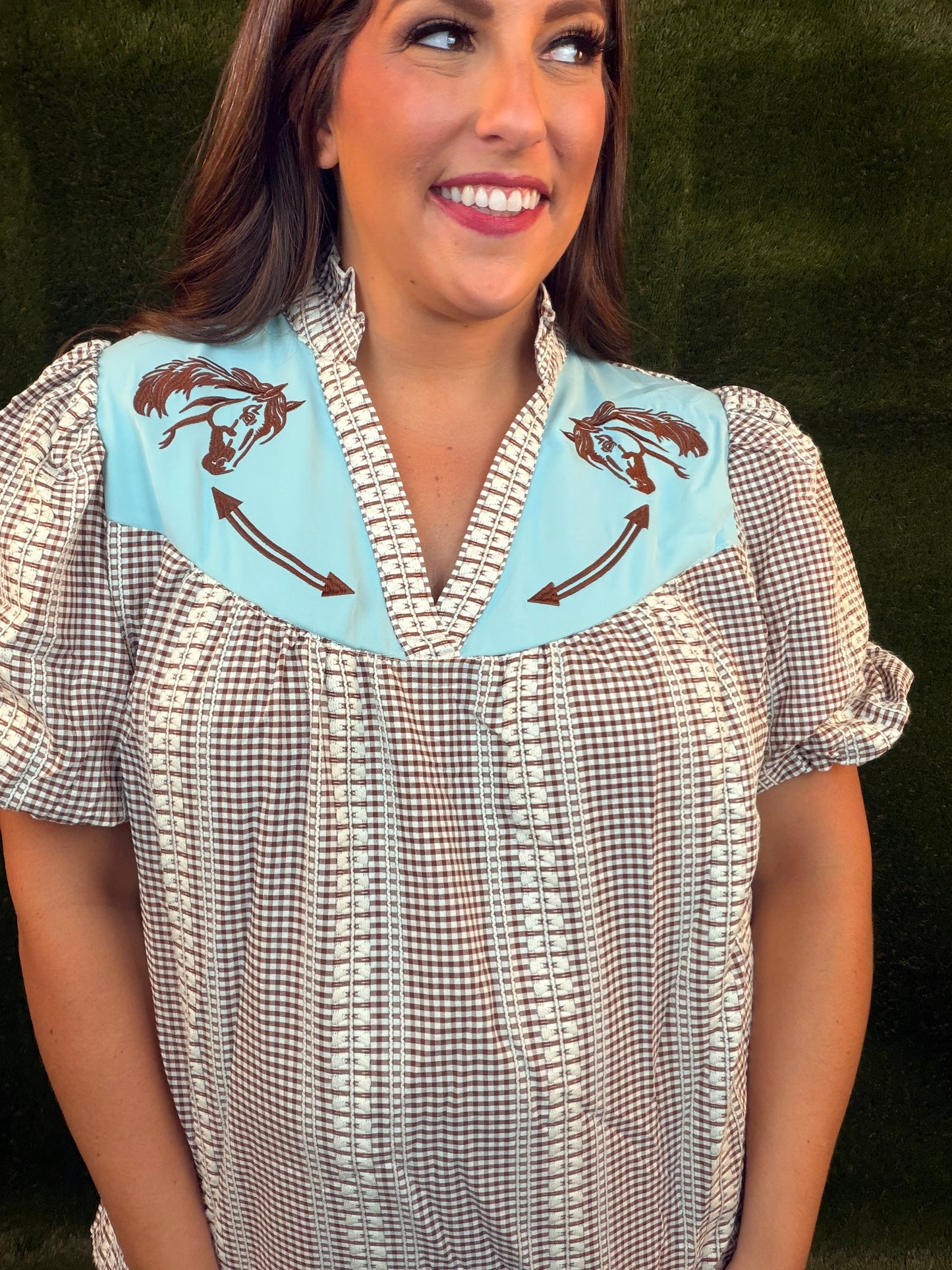 Aqua Horse Country Gingham Blouse - Brown