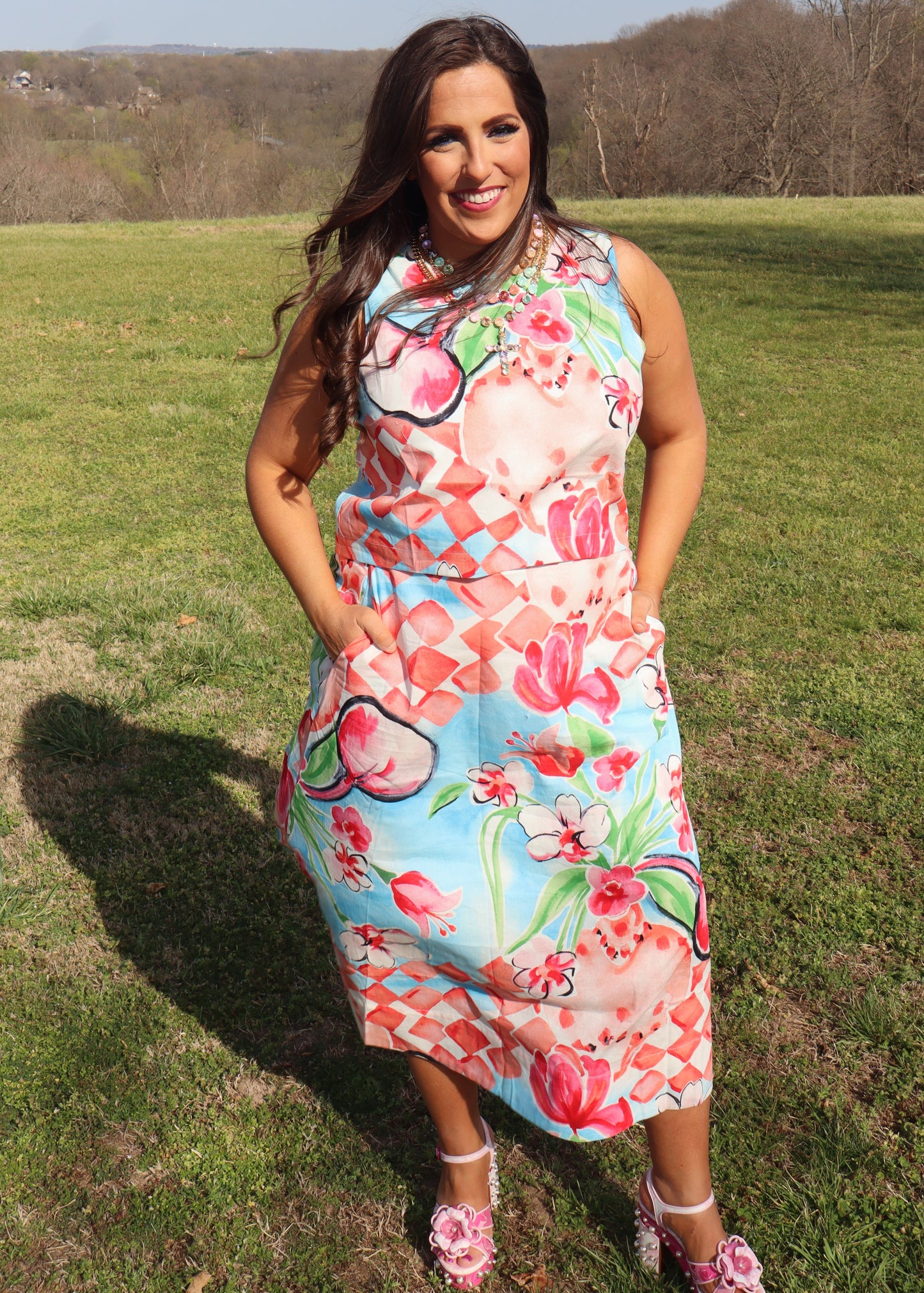 Cascading Bloom Midi Skirt Set - Coral and Aqua