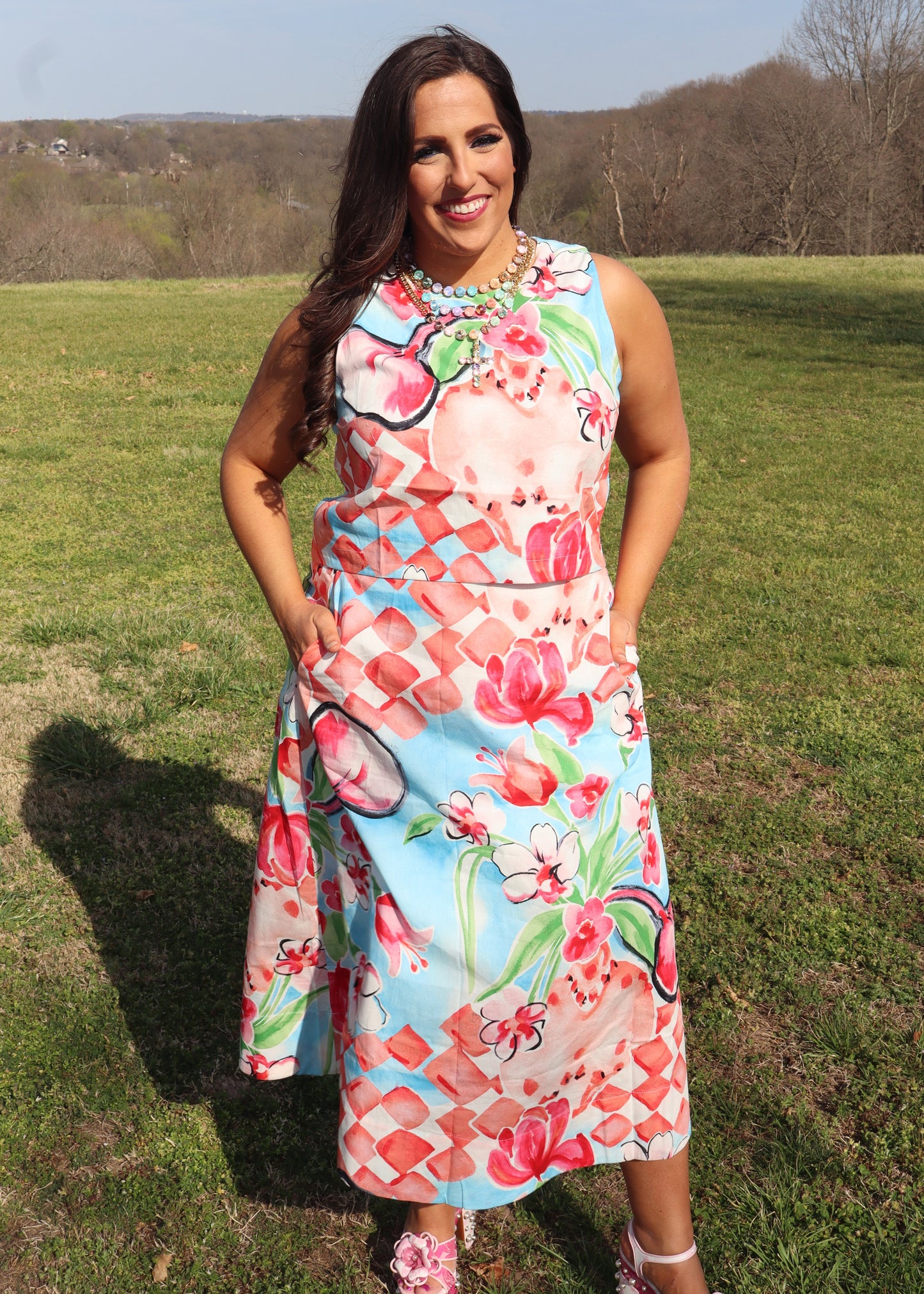 Cascading Bloom Midi Skirt Set - Coral and Aqua