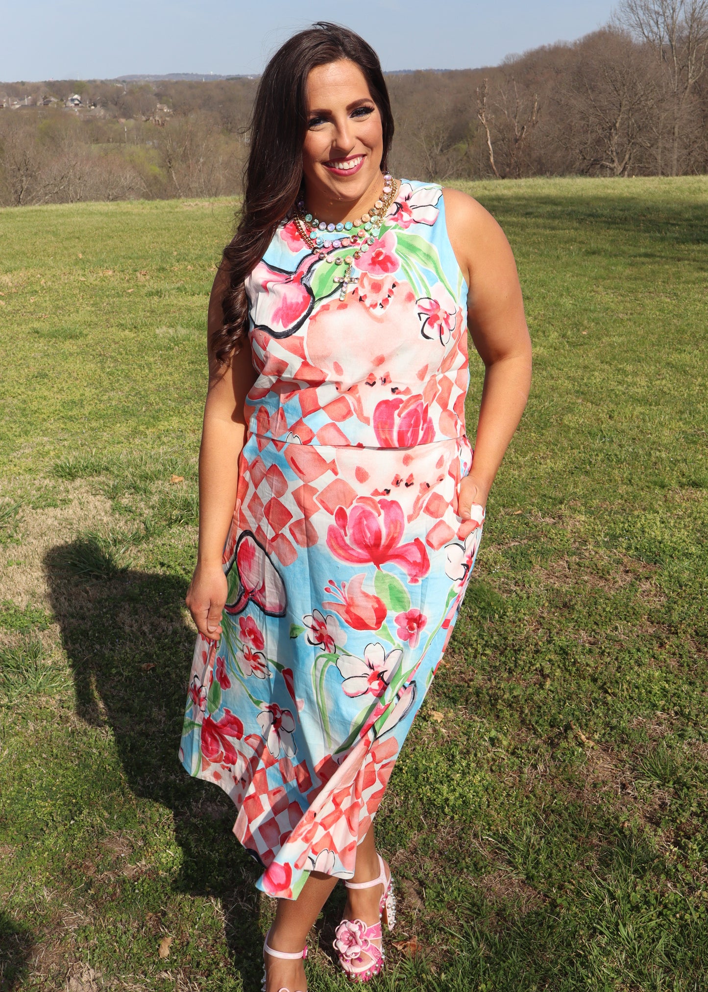 Cascading Bloom Midi Skirt Set - Coral and Aqua