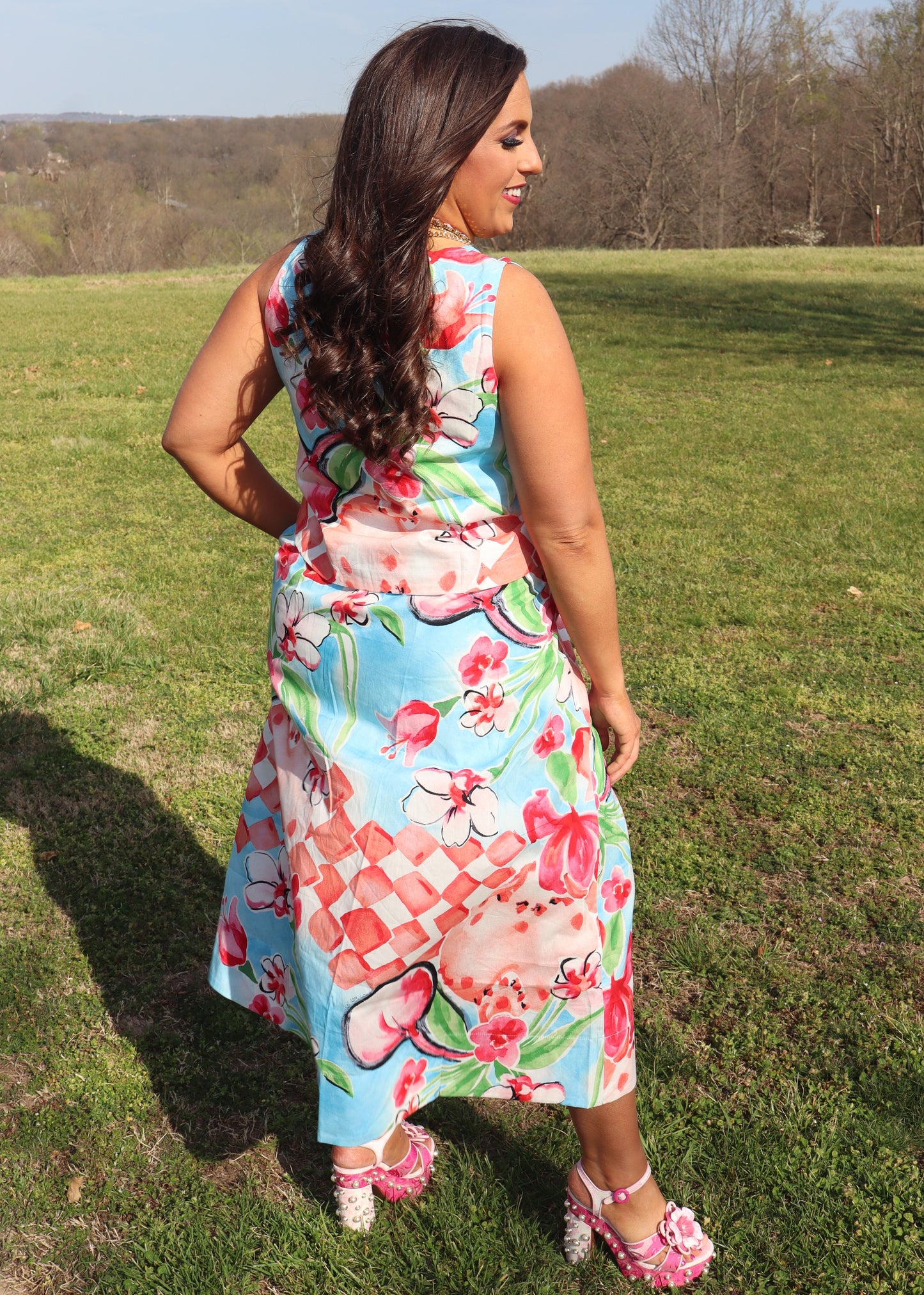 Cascading Bloom Midi Skirt Set - Coral and Aqua