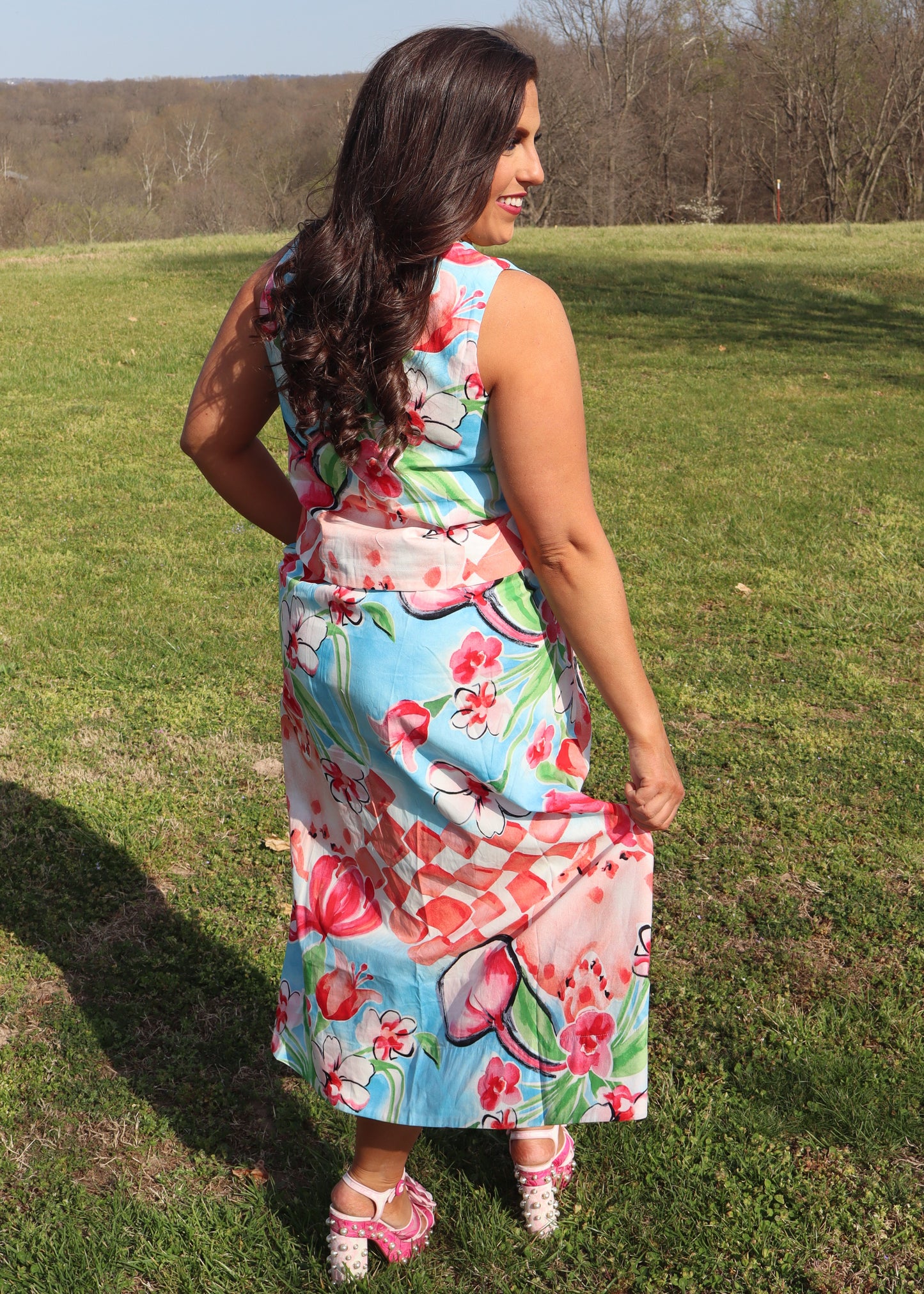 Cascading Bloom Midi Skirt Set - Coral and Aqua