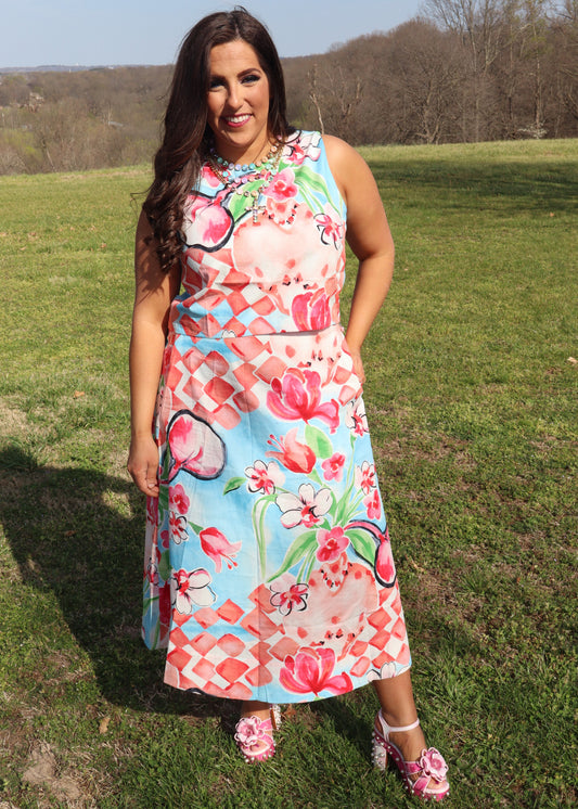 Cascading Bloom Midi Skirt Set - Coral and Aqua