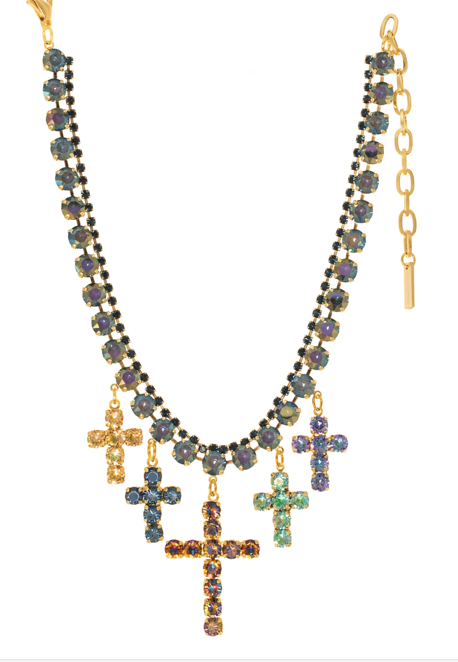 Gold-plated 5 crosses colorful necklace on a white background