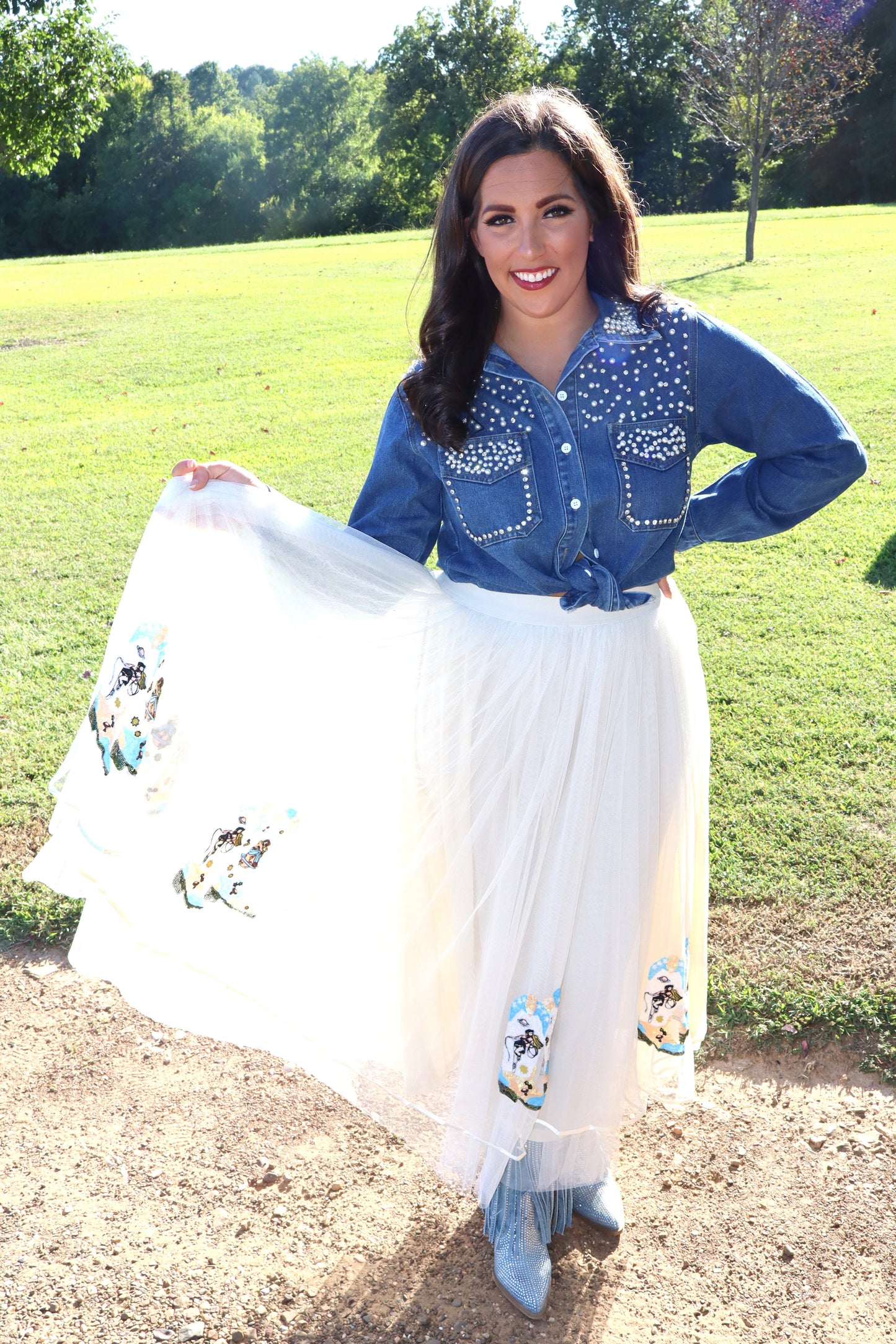 Cowgirl Boots Sequin Tulle Skirt - Cream