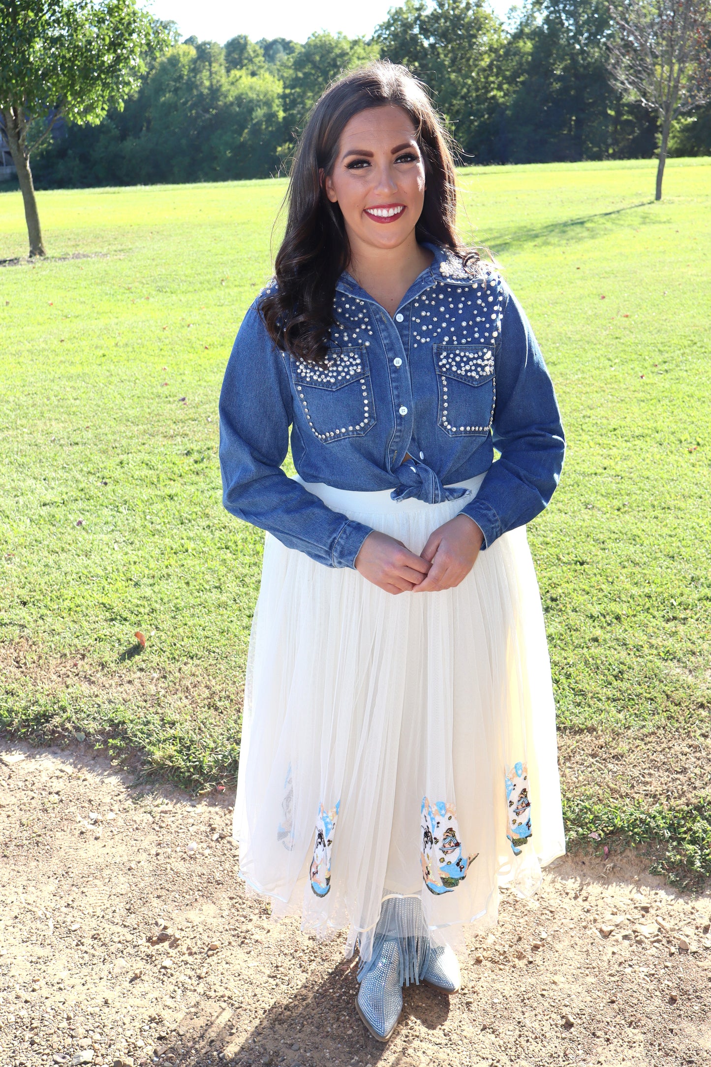 Cowgirl Boots Sequin Tulle Skirt - Cream