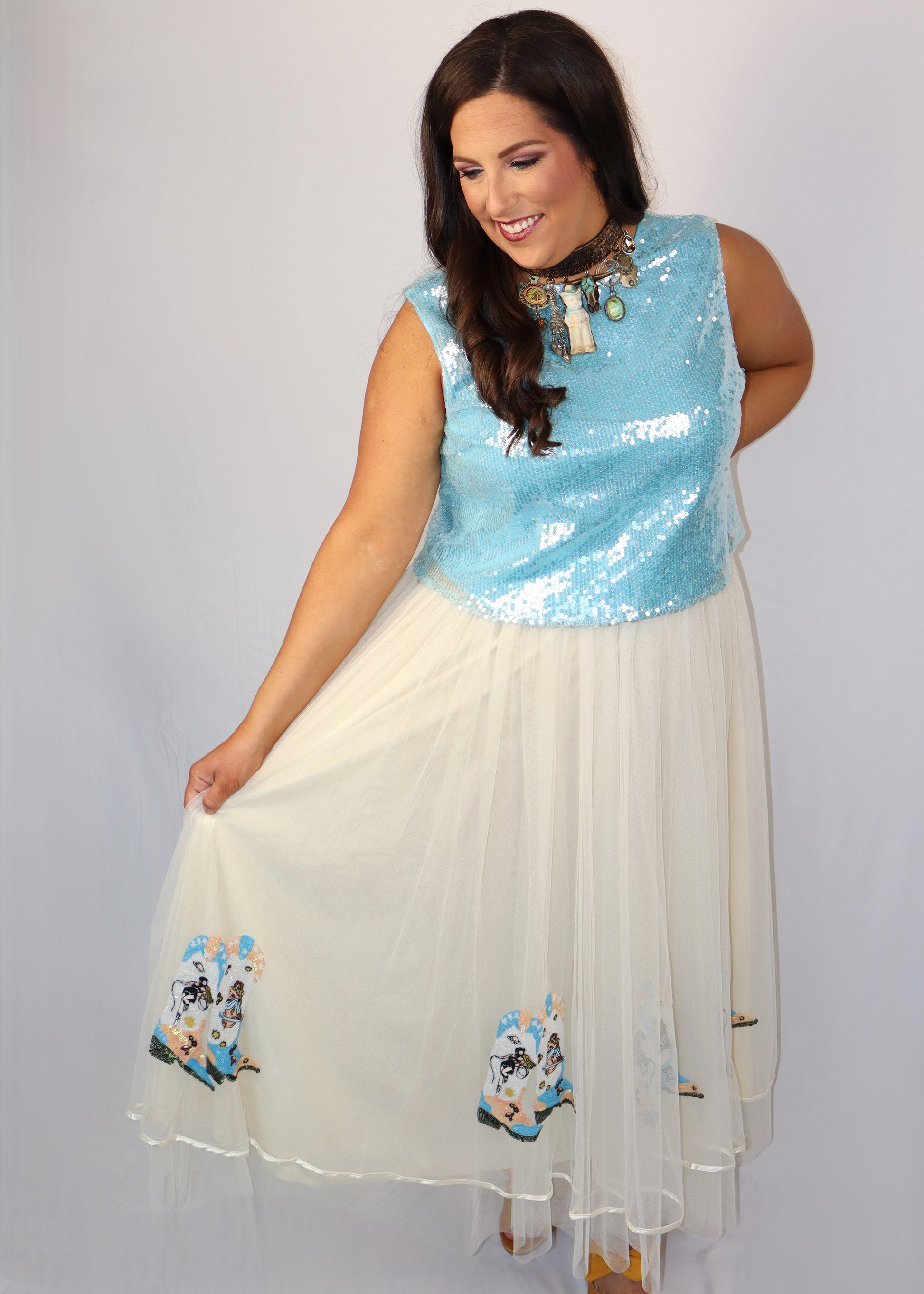 Cowgirl Boots Sequin Tulle Maxi Skirt - Cream Cowgirl Boots Sequin Tulle Maxi Skirt - Cream