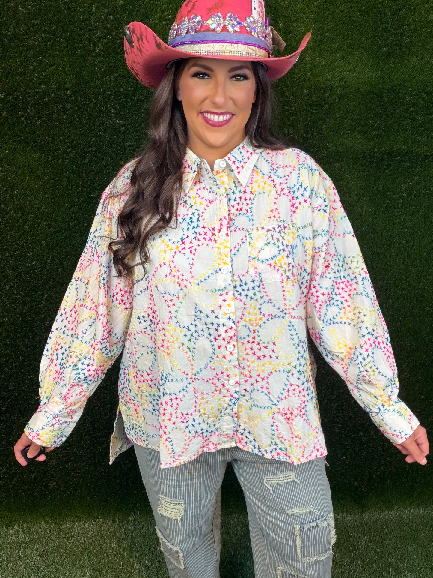 Splash Of Color Embroidered Top - Off-White