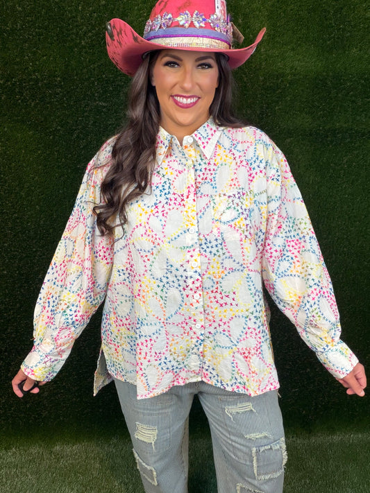 Splash Of Color Embroidered Top - Off-White