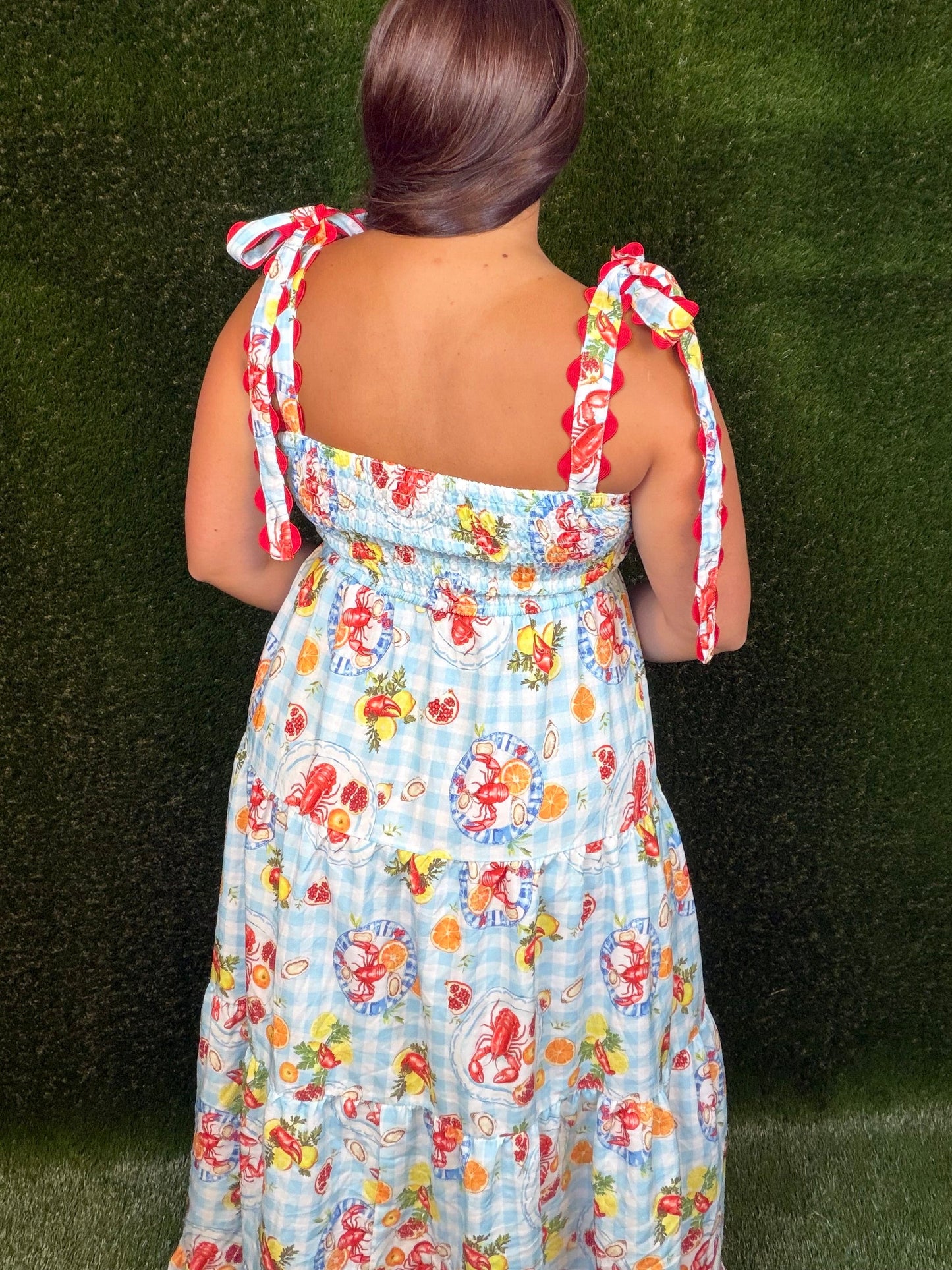 Seafood Boil Gingham Dress - Sky Blue