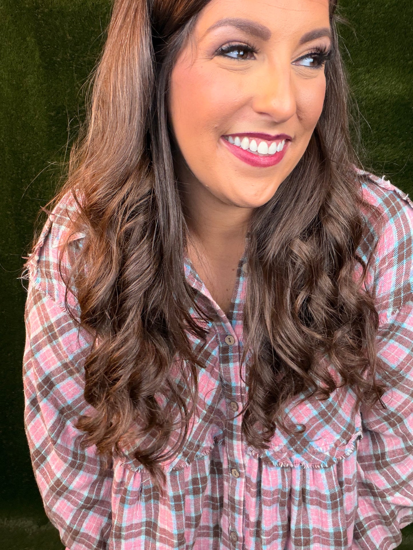 Tiered Check Plaid Dress - Pink/Light Aqua Blue