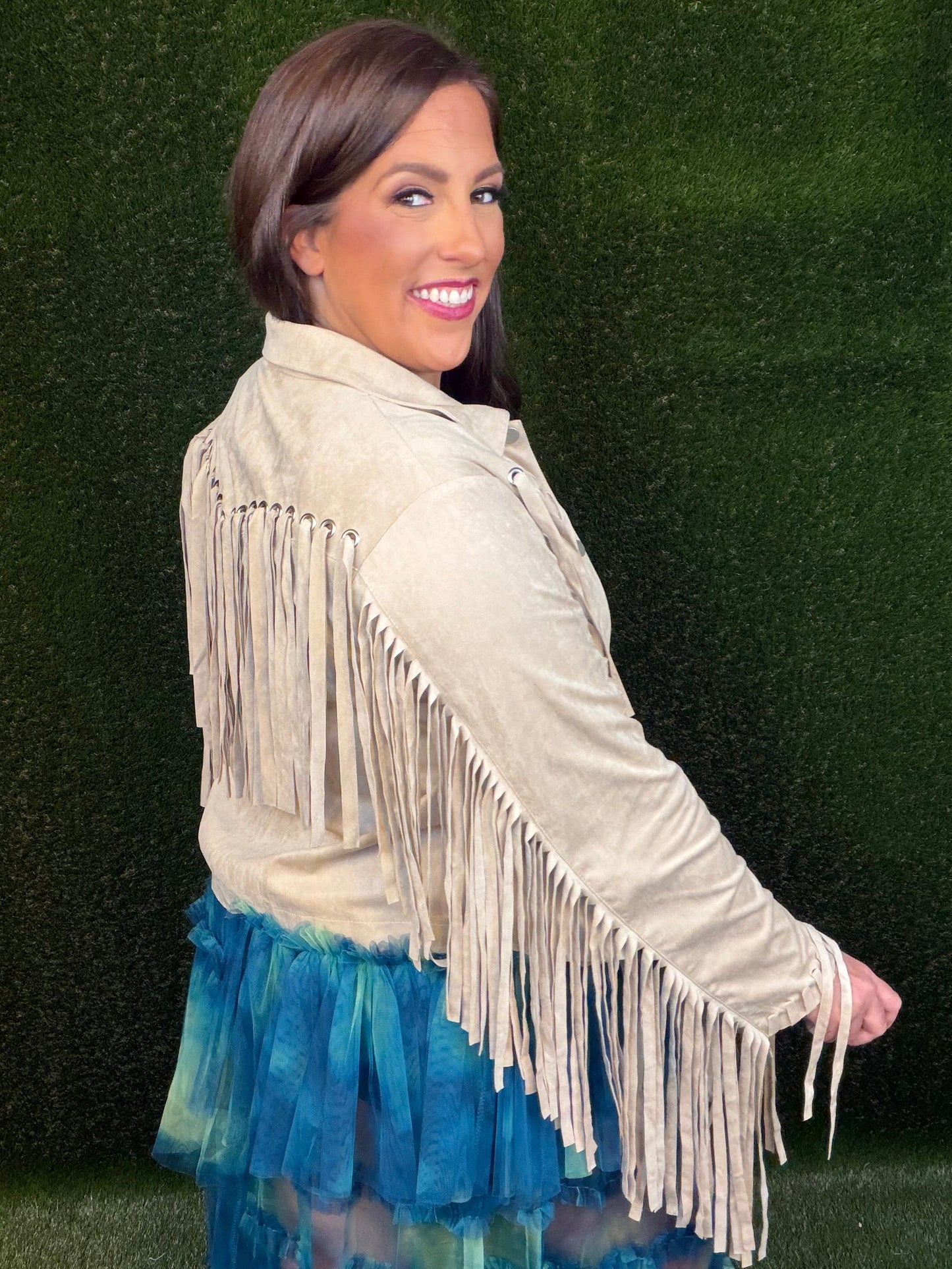 Party On Fringe Suede Jacket - Beige