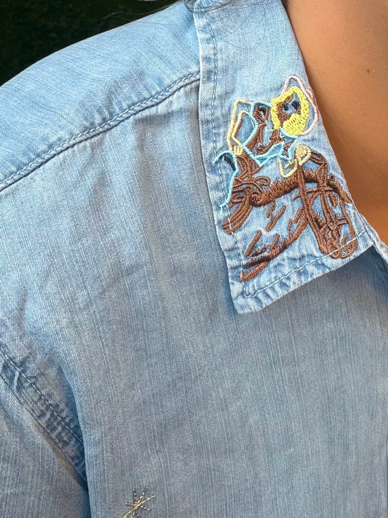 (1 Large Left) Denim Cowgirl Embroidered Button-Up