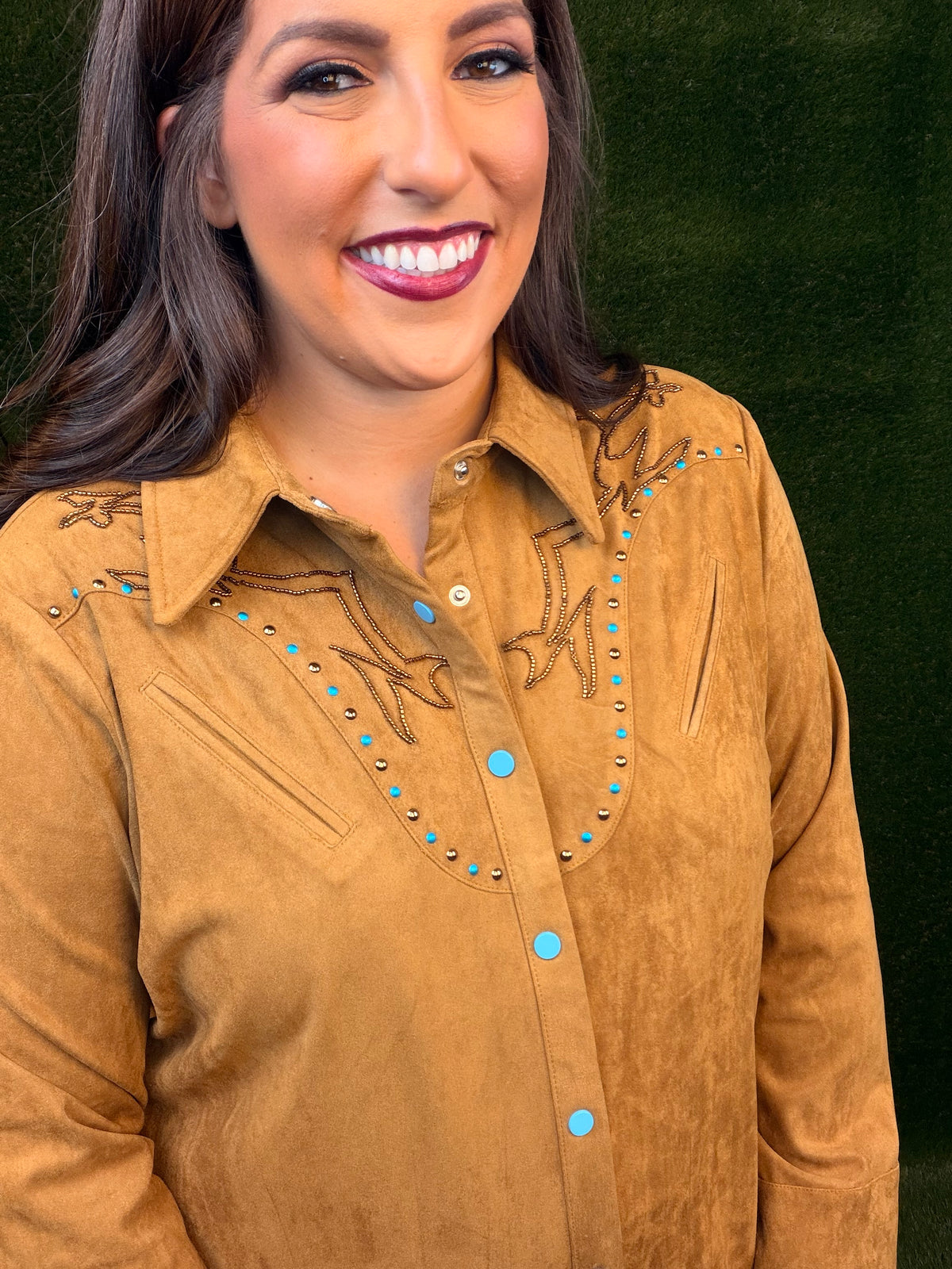 Suede Western Embellished Yoke Snap Up Blouse - Camel