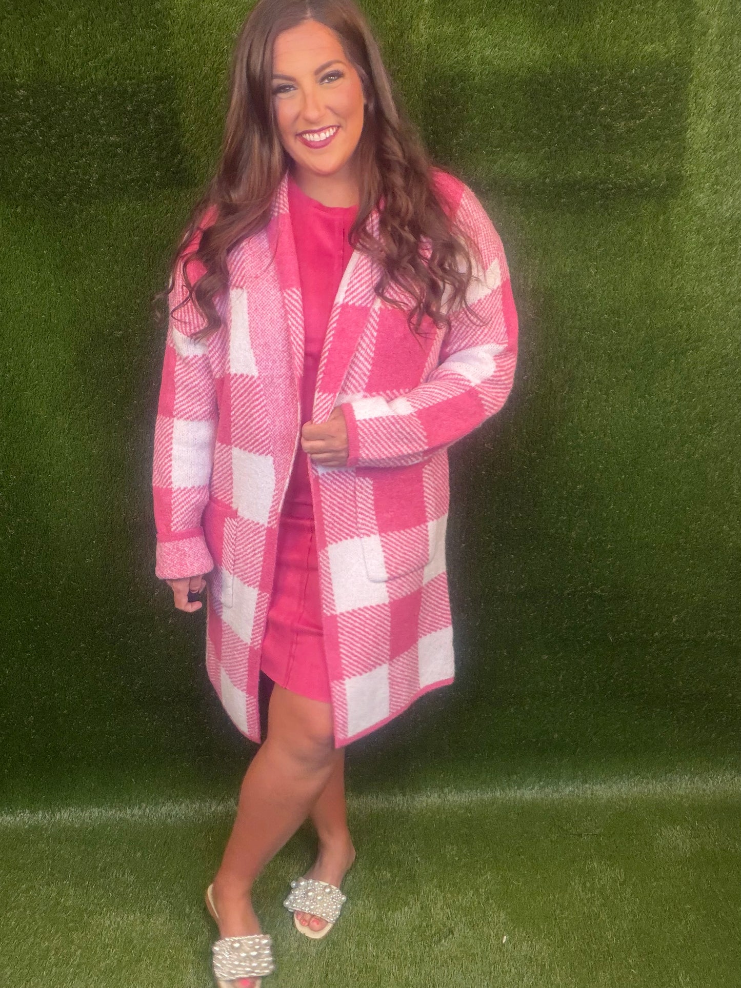 Gingham Pattern Soft Pocket Front Open Cardigan Sweater - Pink