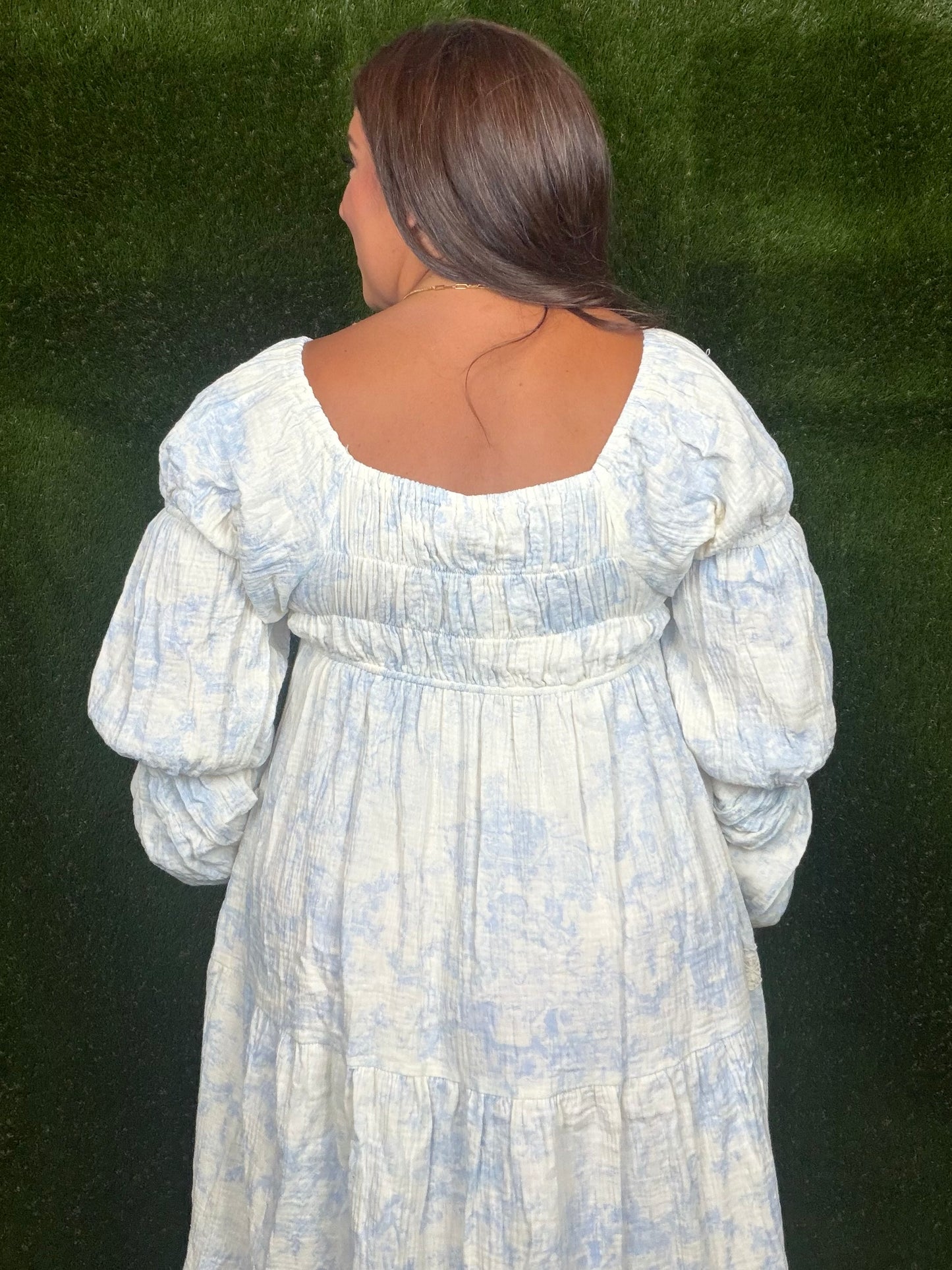 Chateau Romance Off-The-Shoulder Toile Midi Dress: Blue