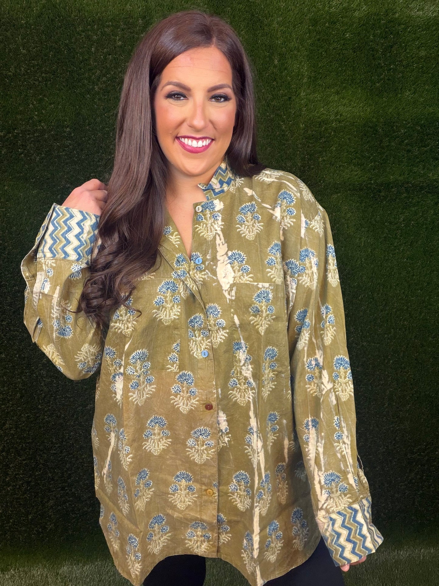 Peaceful Fields Button-Up Shirt - Olive Green with blue flowers