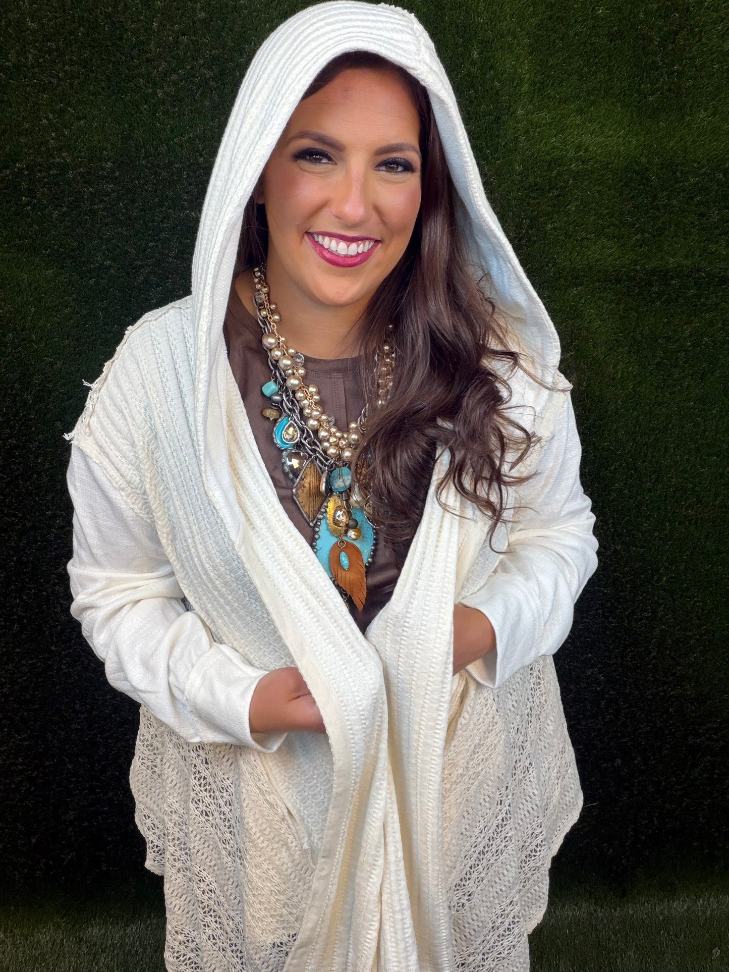 Lace Hoodie Open Jacket Cardigan - Natural