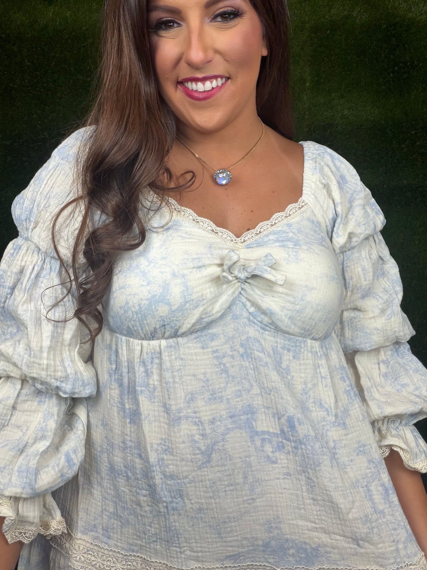 Chateau Romance Off-The-Shoulder Toile Midi Dress: Blue
