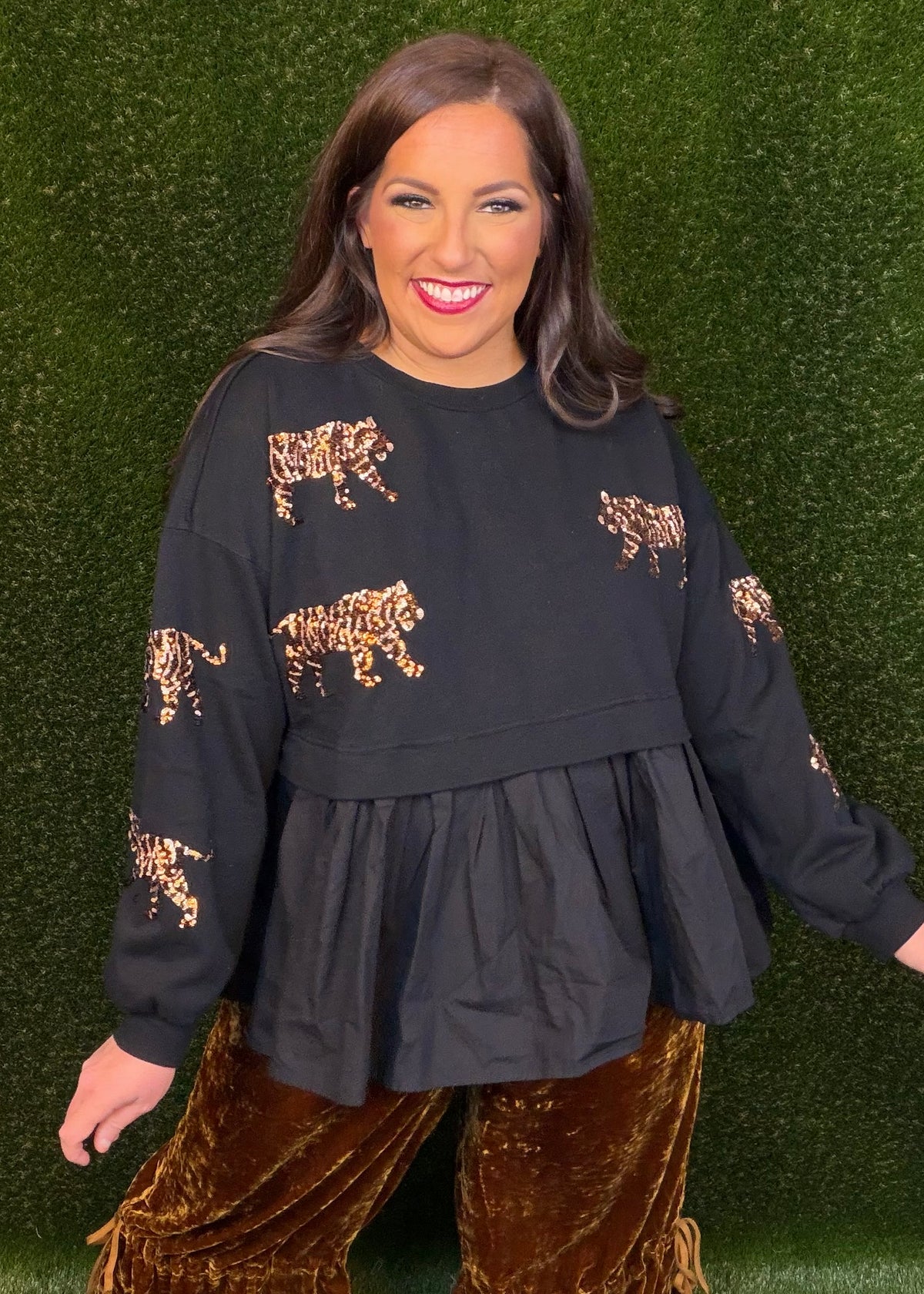 Tiger Sequin Peplum Top - Black