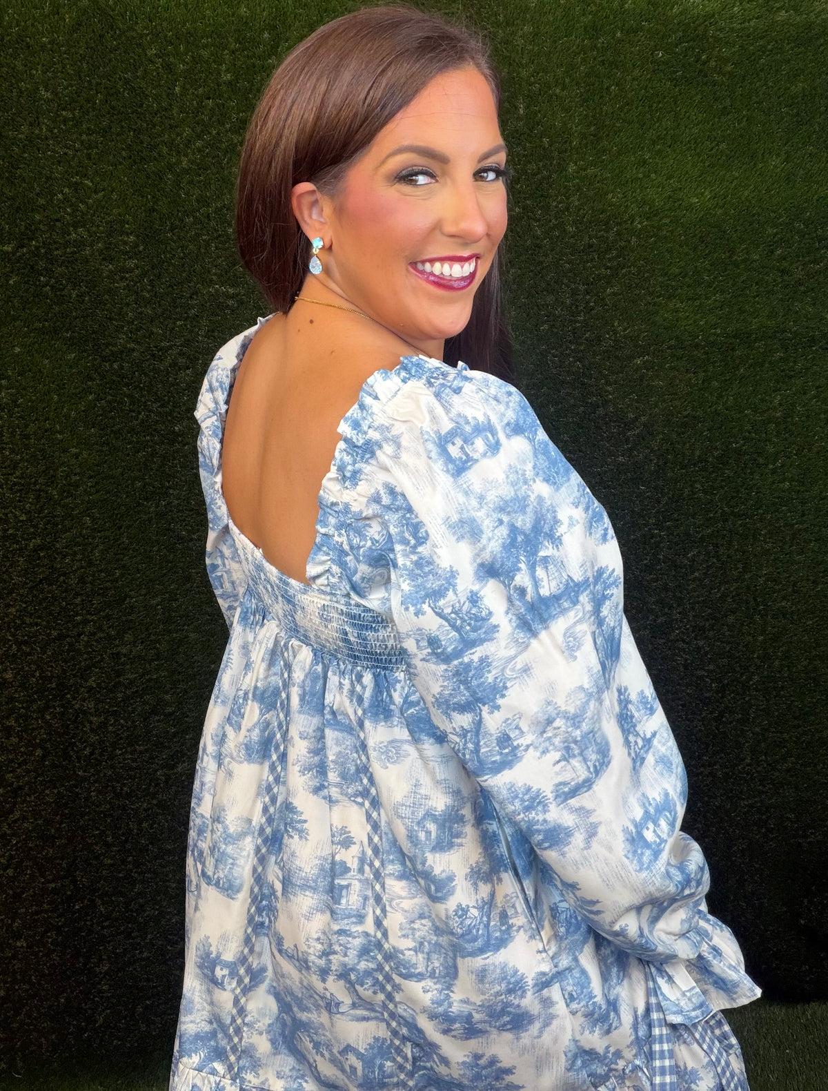Roots & Ruffles Autumn Fall Toile Dress - Blue