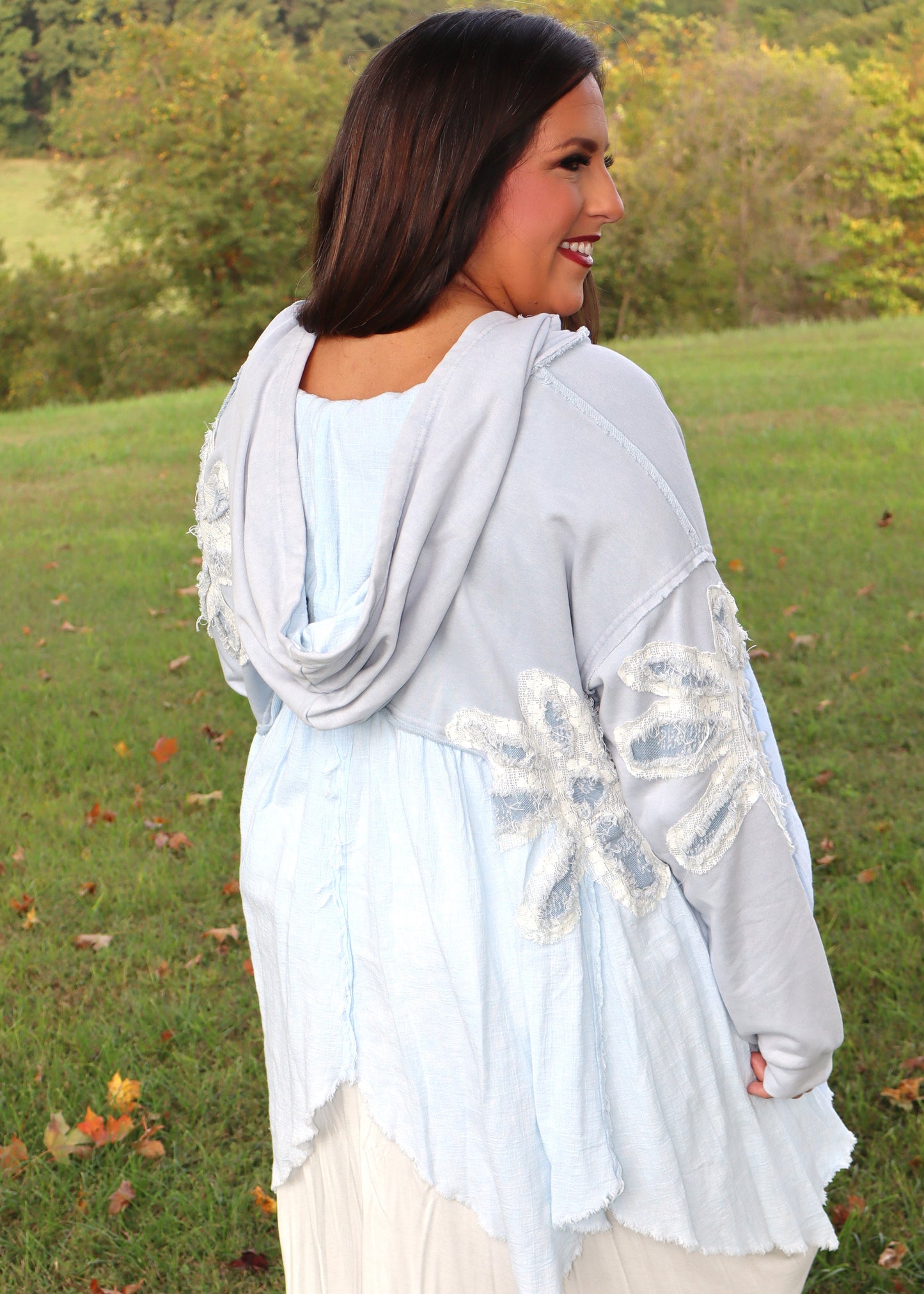 Daisy Asymmetrical Hem Hoodie - Baby Blue