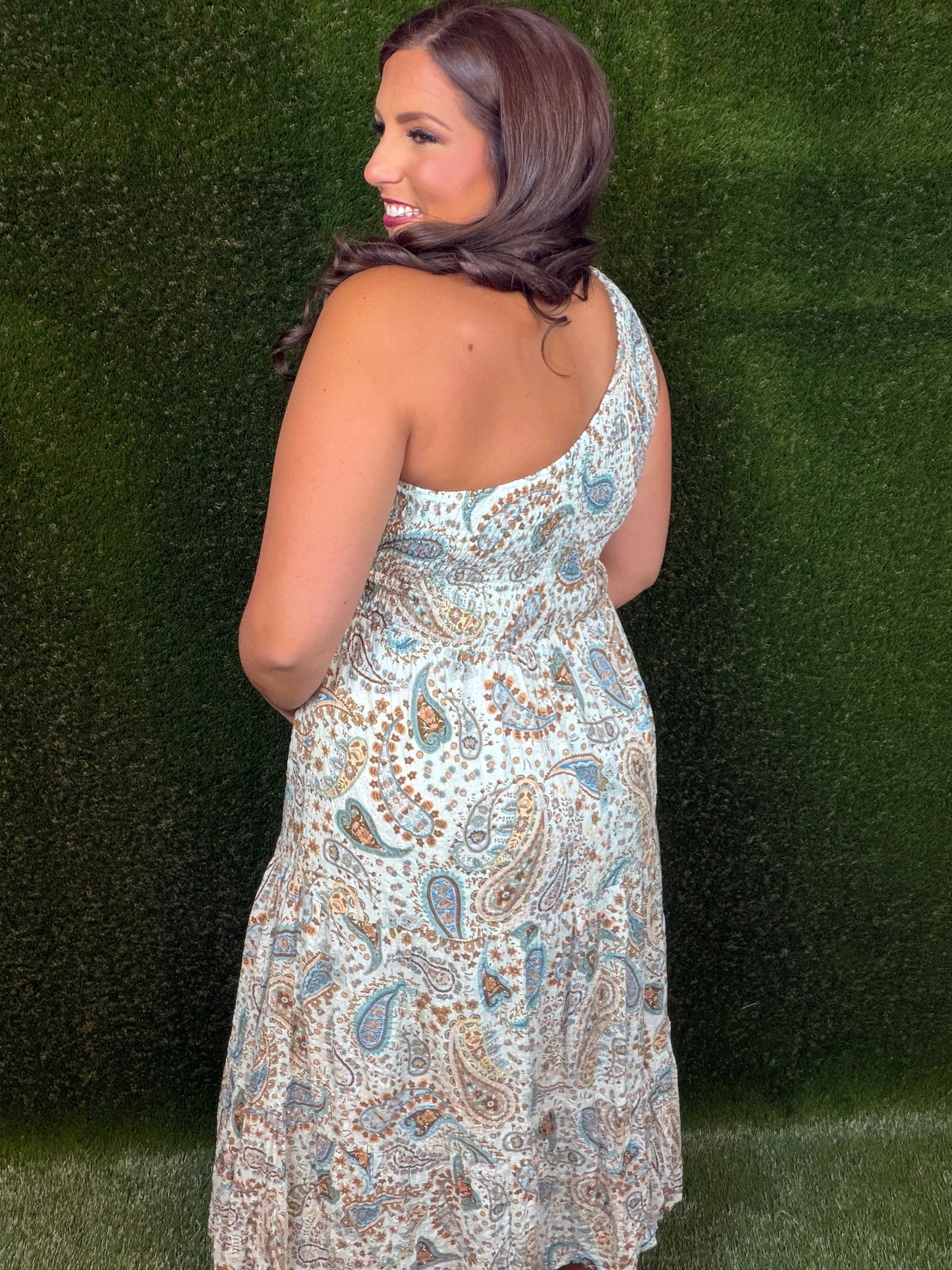 One shoulder Paisley Midi Dress - Mint