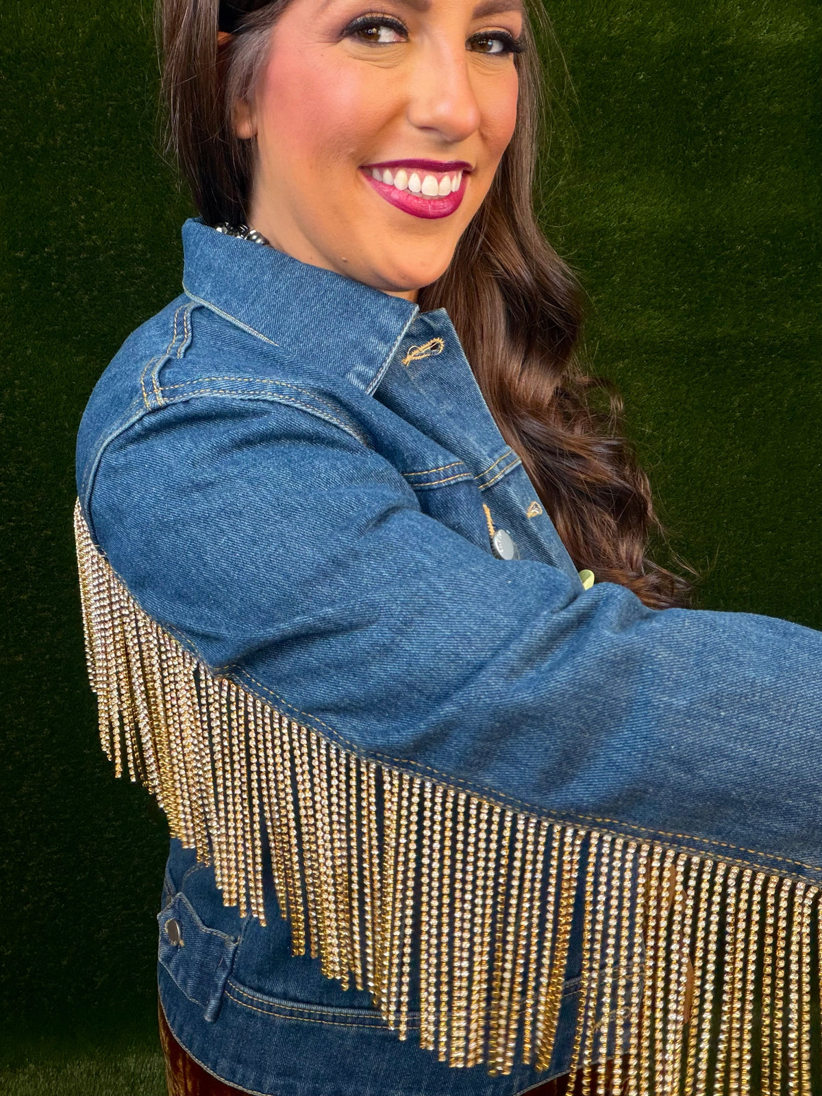 Gold Rhinestone Fringe Dark Denim Jean Jacket