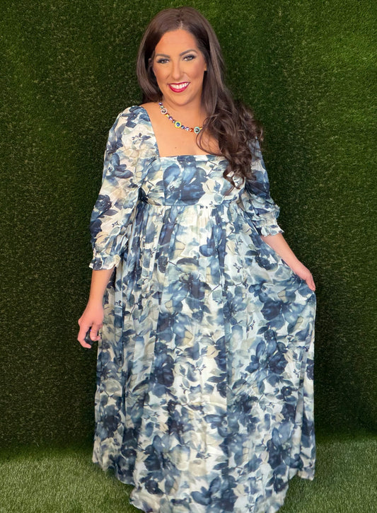Watercolors Floral Maxi Dress - Navy/Cream Floral