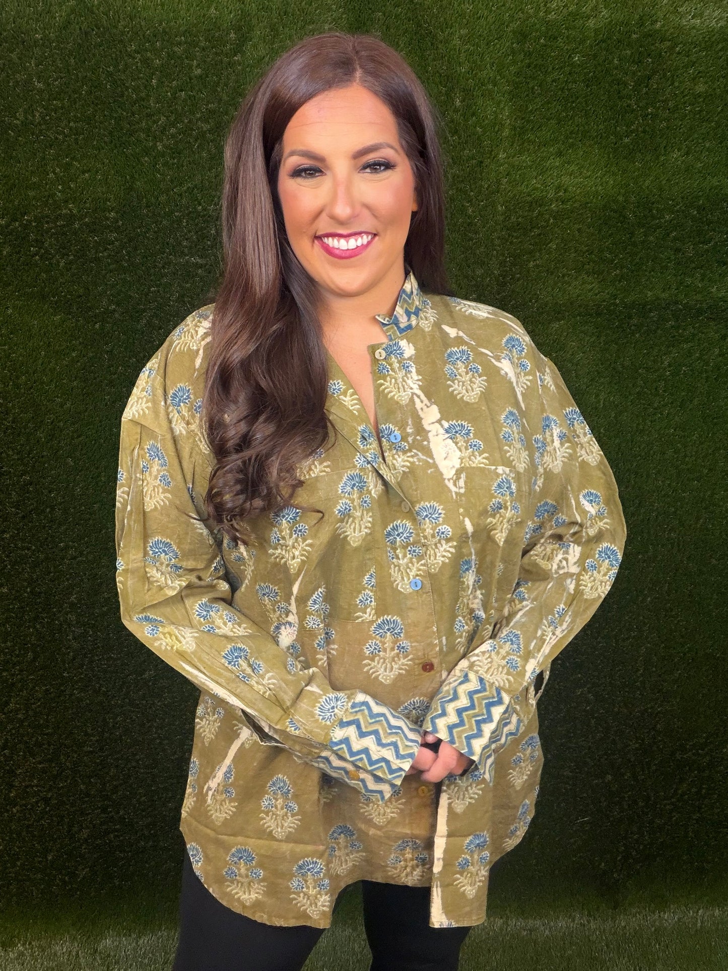 Peaceful Fields Button-Up Shirt - Olive Green with blue flowers