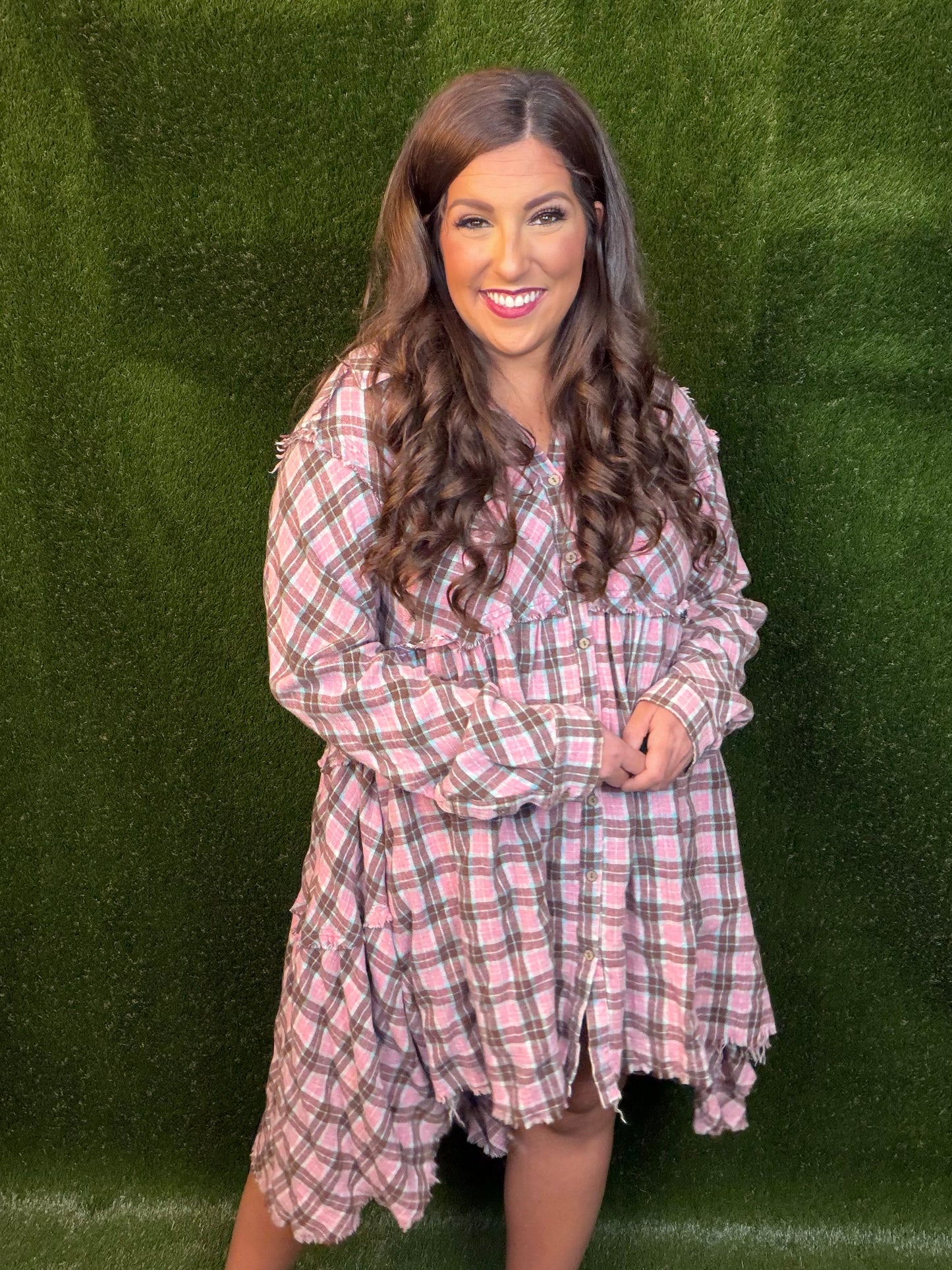 Tiered Check Plaid Dress - Pink/Light Aqua Blue