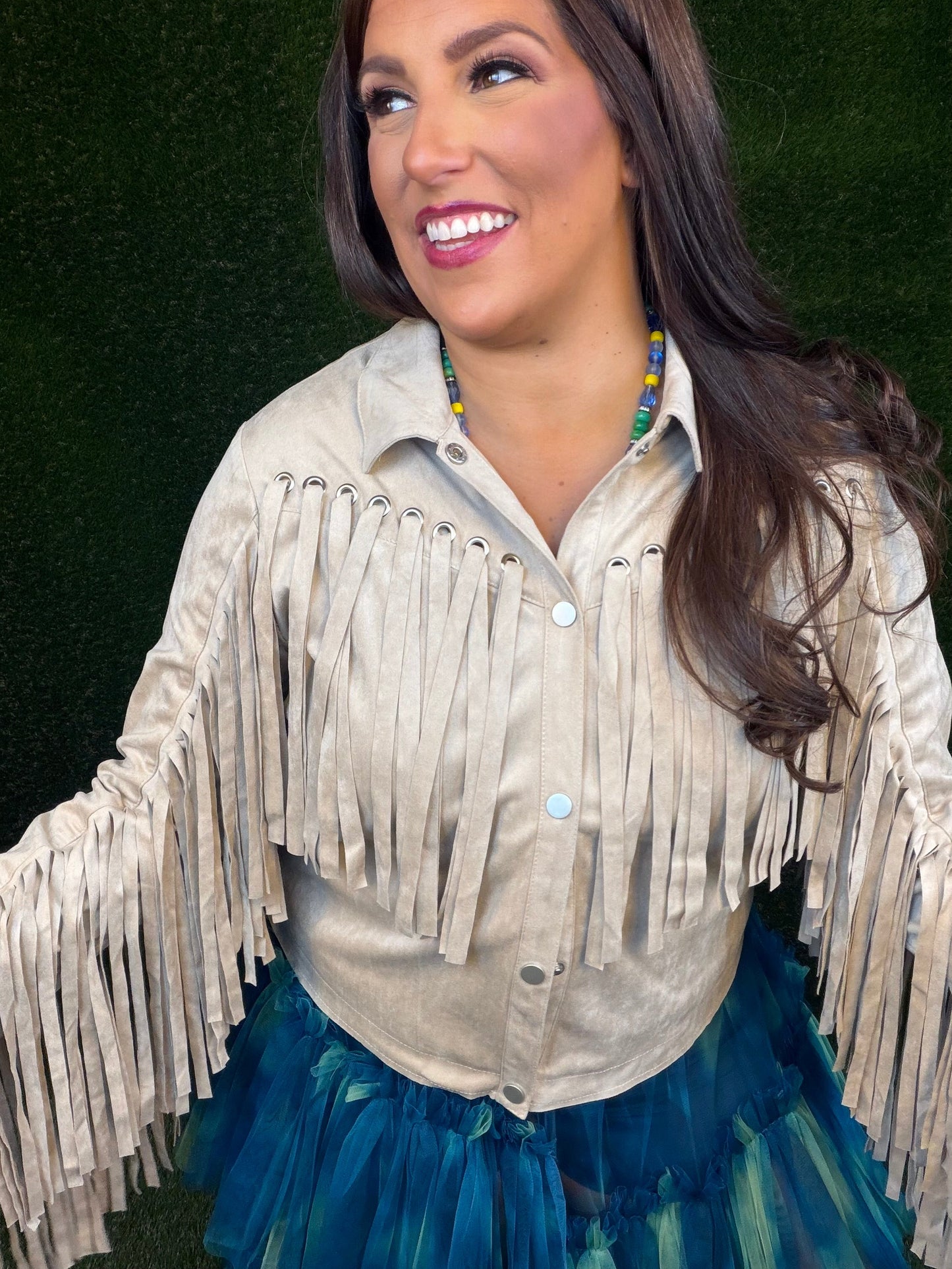 Party On Fringe Suede Jacket - Beige