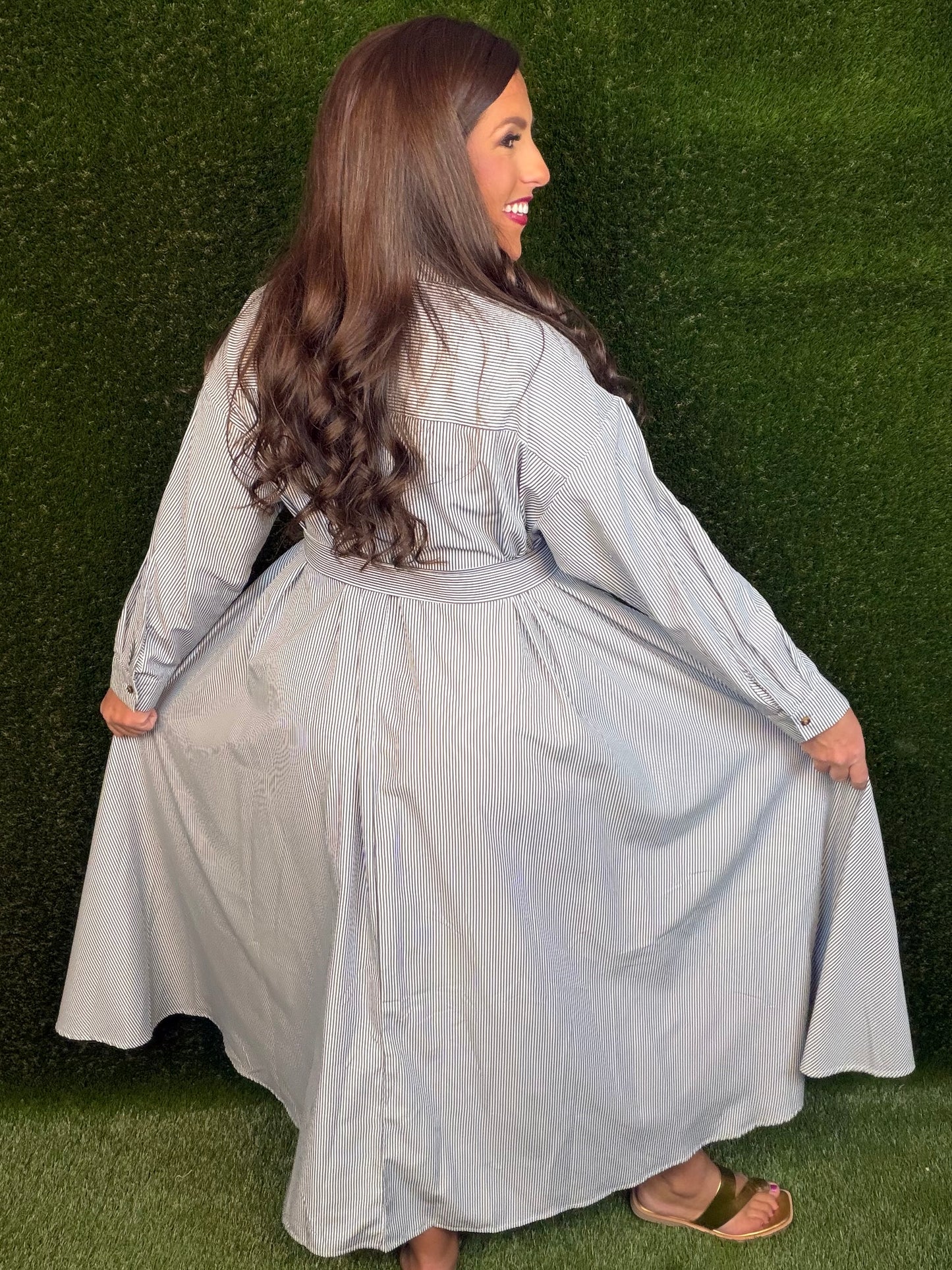 Black/white pinstripe boss lady dress