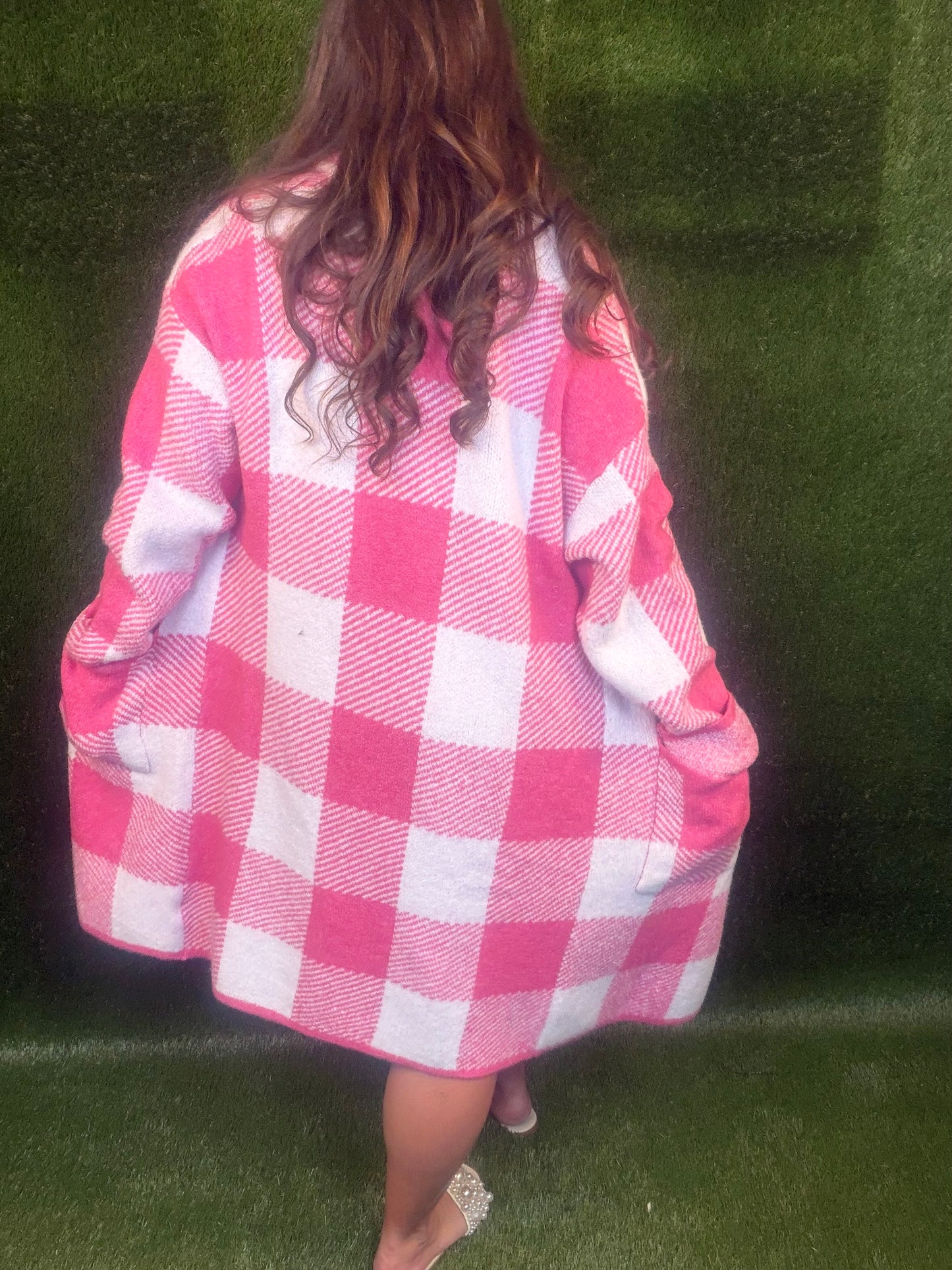 Gingham Pattern Soft Pocket Front Open Cardigan Sweater - Pink