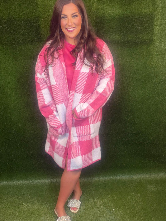 Gingham Pattern Soft Pocket Front Open Cardigan Sweater - Pink