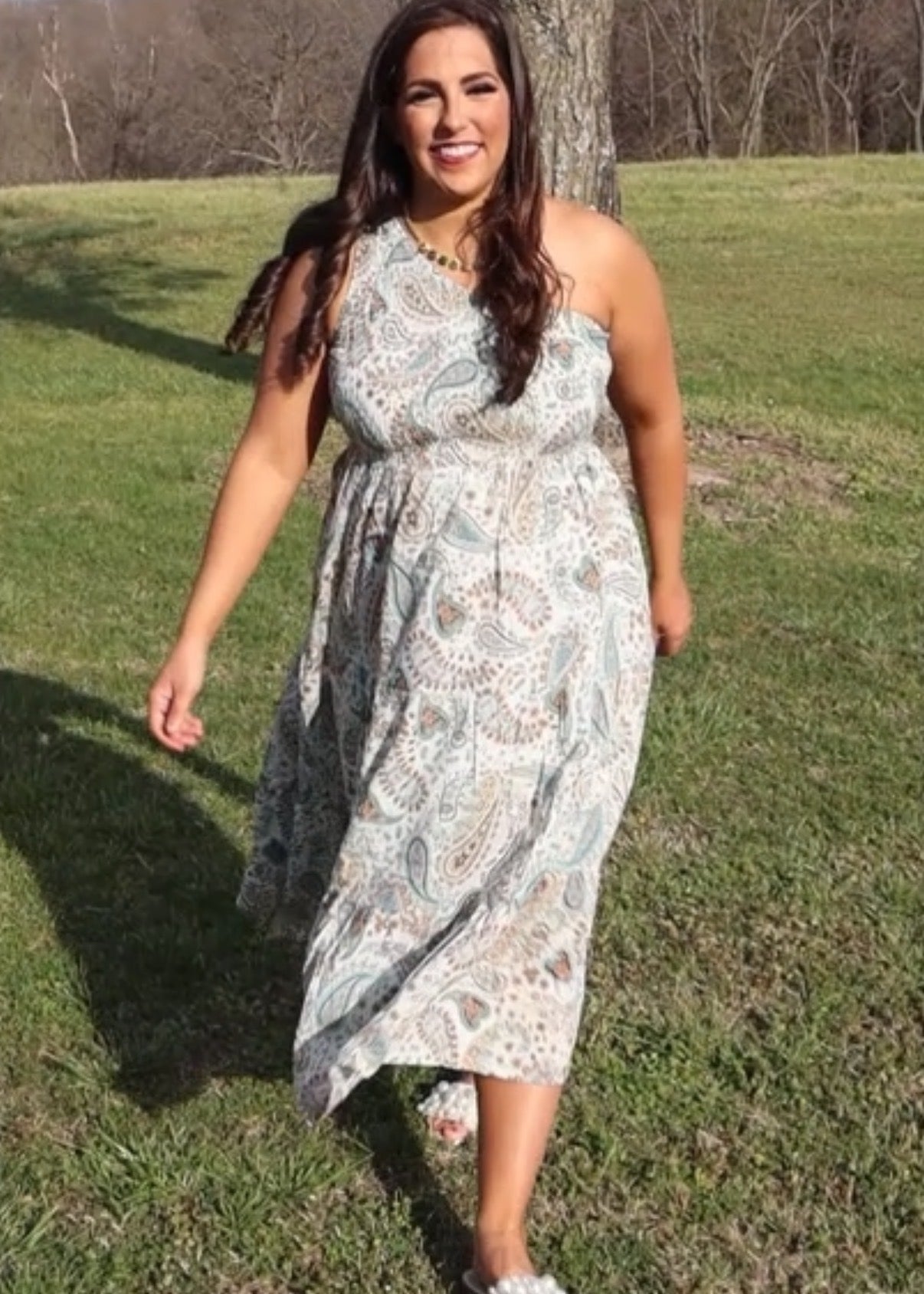 One shoulder Paisley Midi Dress - Mint