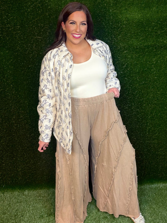 Ruffle Trim Wide Flare Pants - Mocha