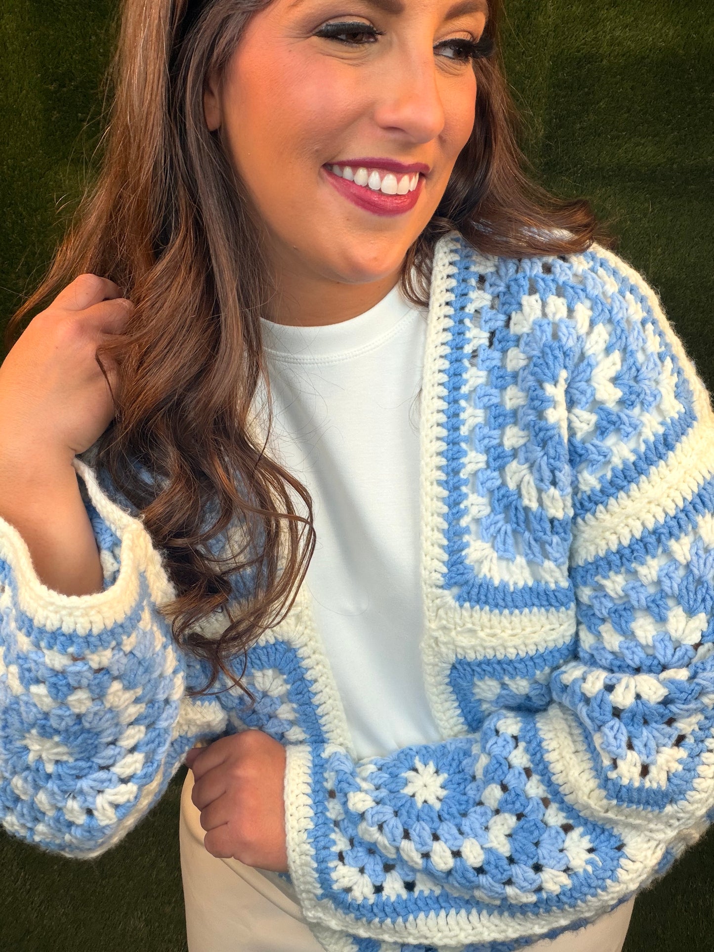 Granny Squares Cardigan - Baby Blue and Off-White