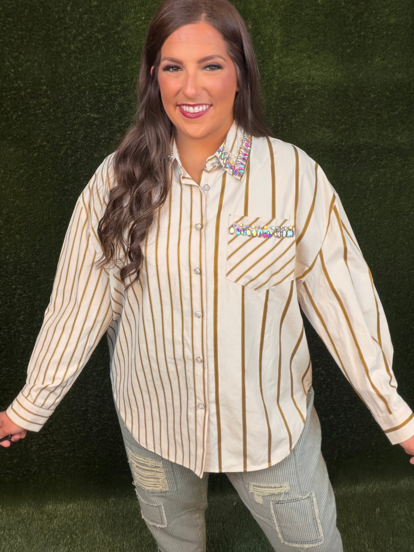 I Mean Business Button-Up - Gold Pinstripe