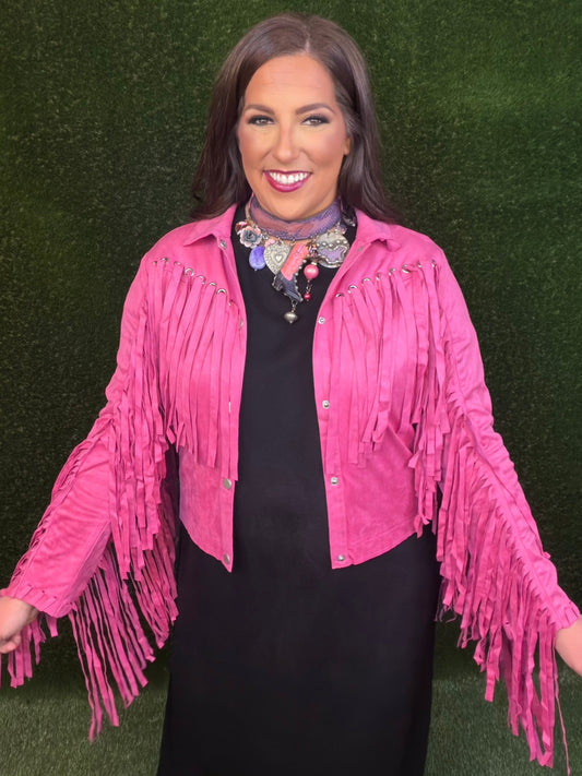 Party On Fringe Suede Jacket - Hot Pink
