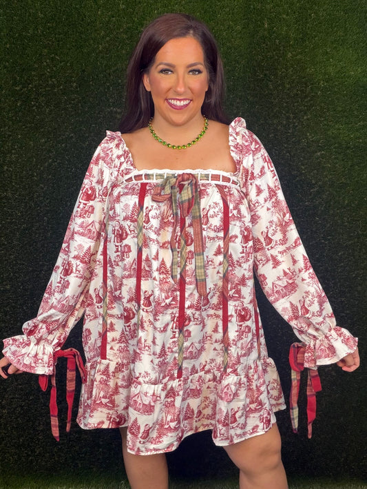 Holly Jolly Toile Dress - Burgundy
