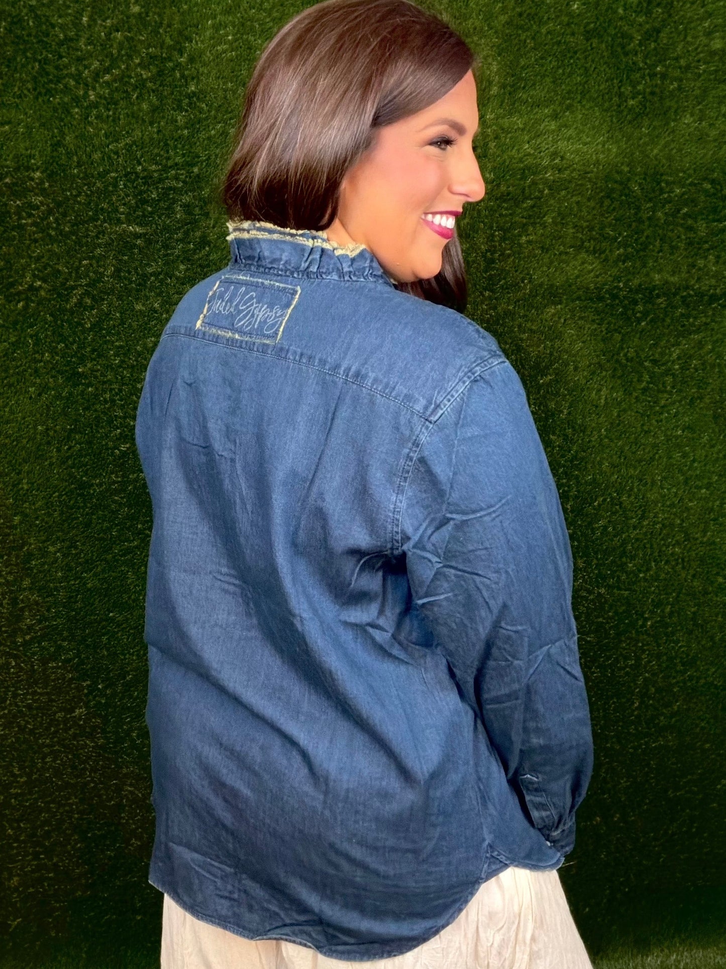Cutting Edge Button-Up Top - Dark Denim
