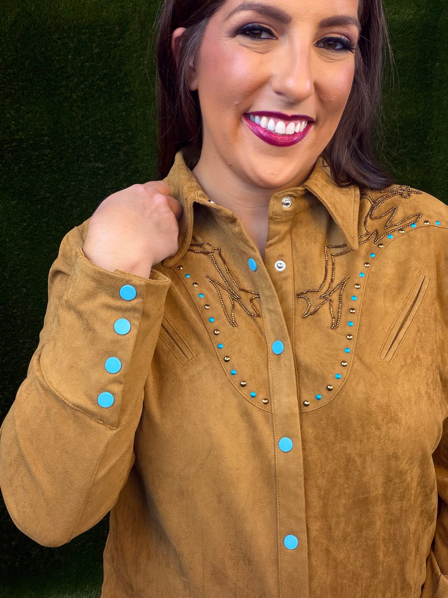 Suede Western Embellished Yoke Snap Up Blouse - Camel