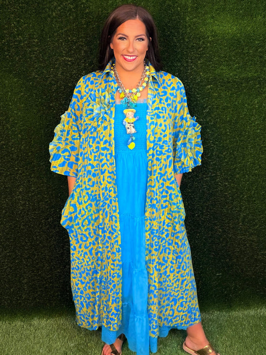 Welcome To The Jungle Leopard Dress - Ocean Blue and Chartreuse Green