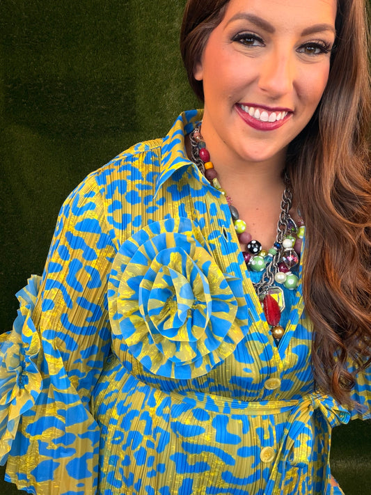 Welcome To The Jungle Leopard Dress - Ocean Blue and Chartreuse Green
