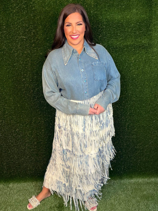 Stars Have Aligned Fringe Maxi Skirt - Denim Design