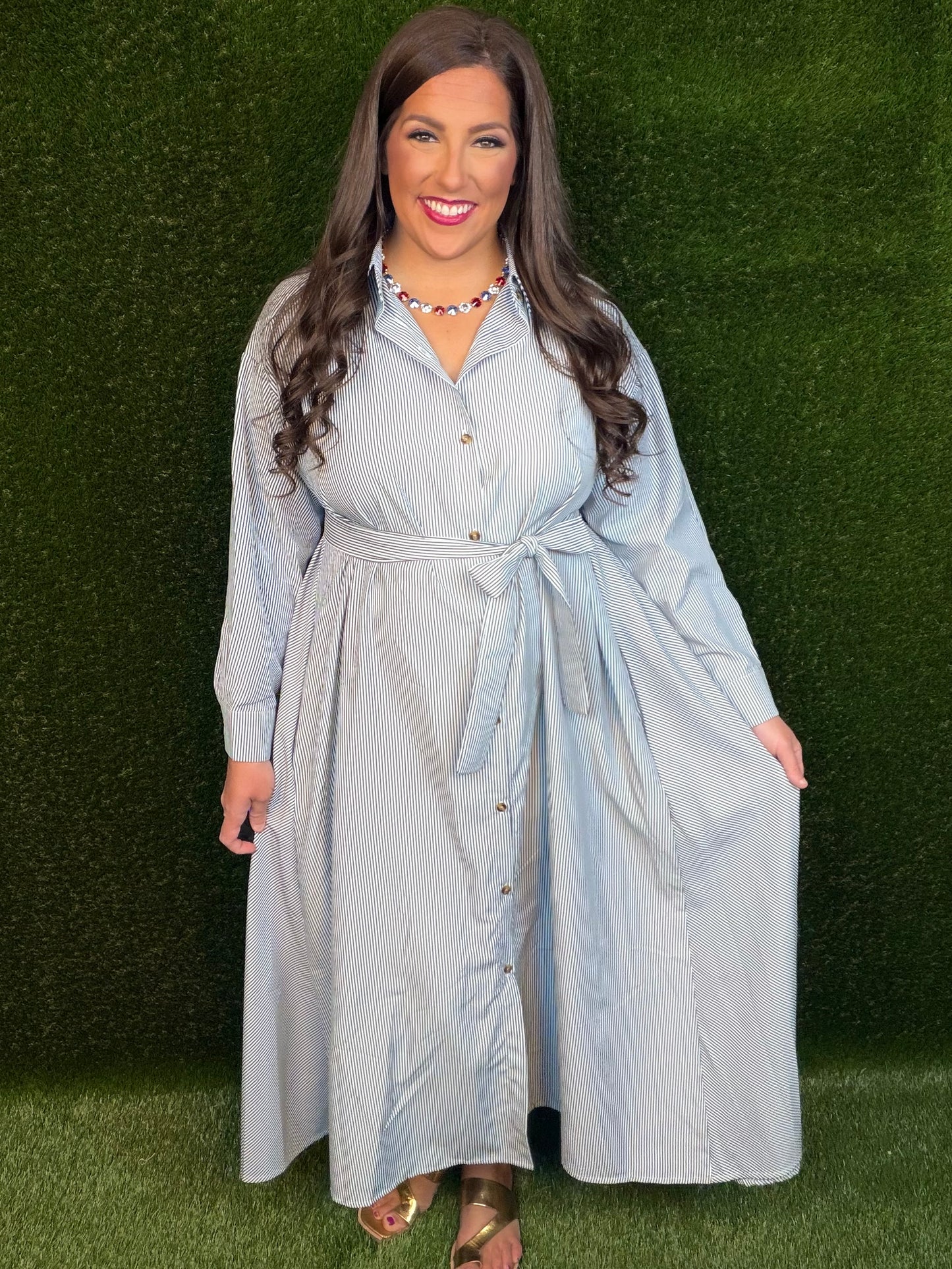 Black/white pinstripe boss lady dress