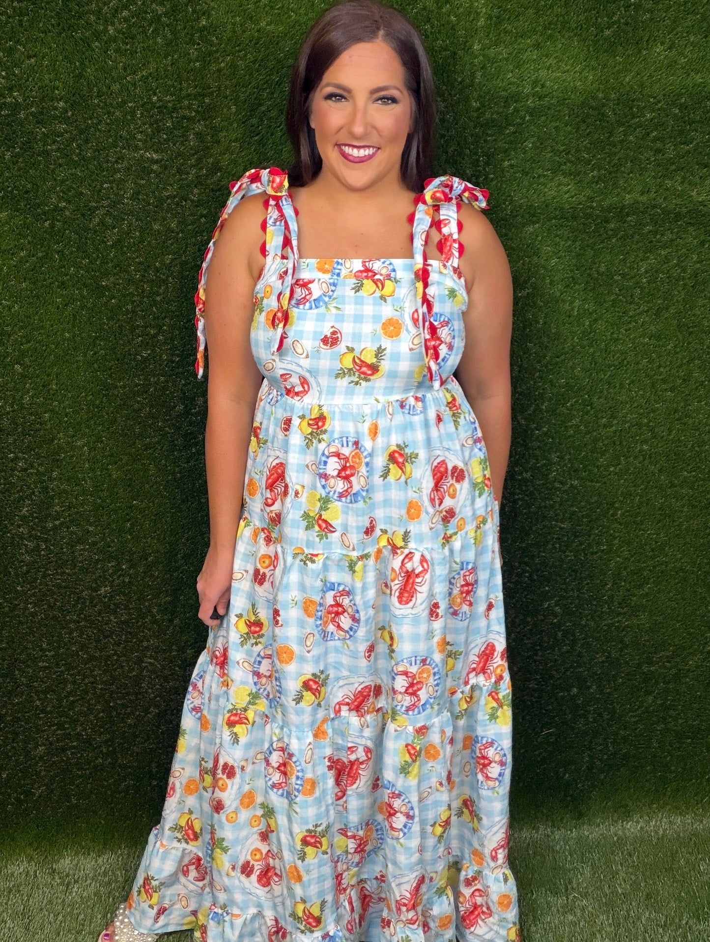 Seafood Boil Gingham Dress - Sky Blue
